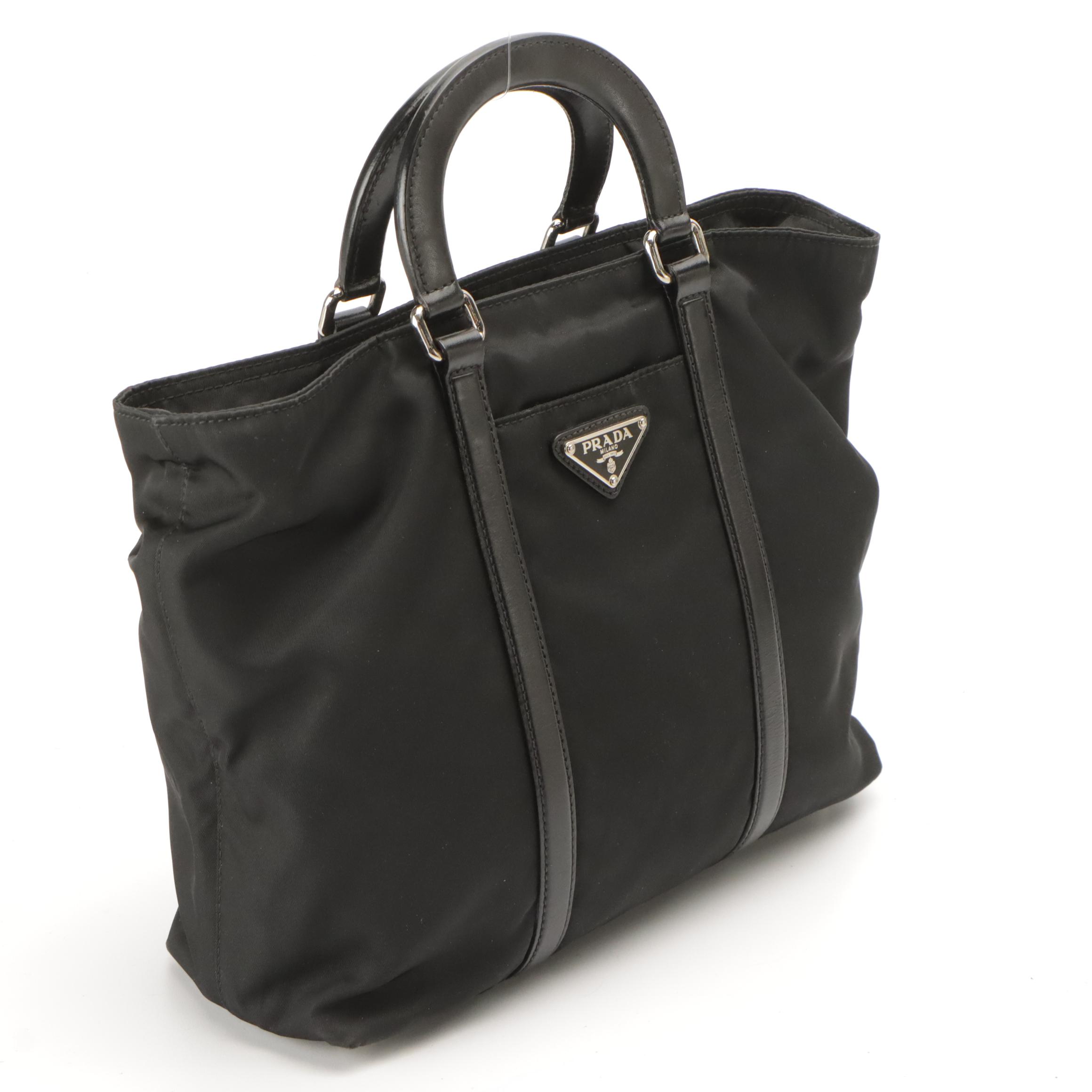 Prada Black Nylon Top Handle Bag with Leather Trim