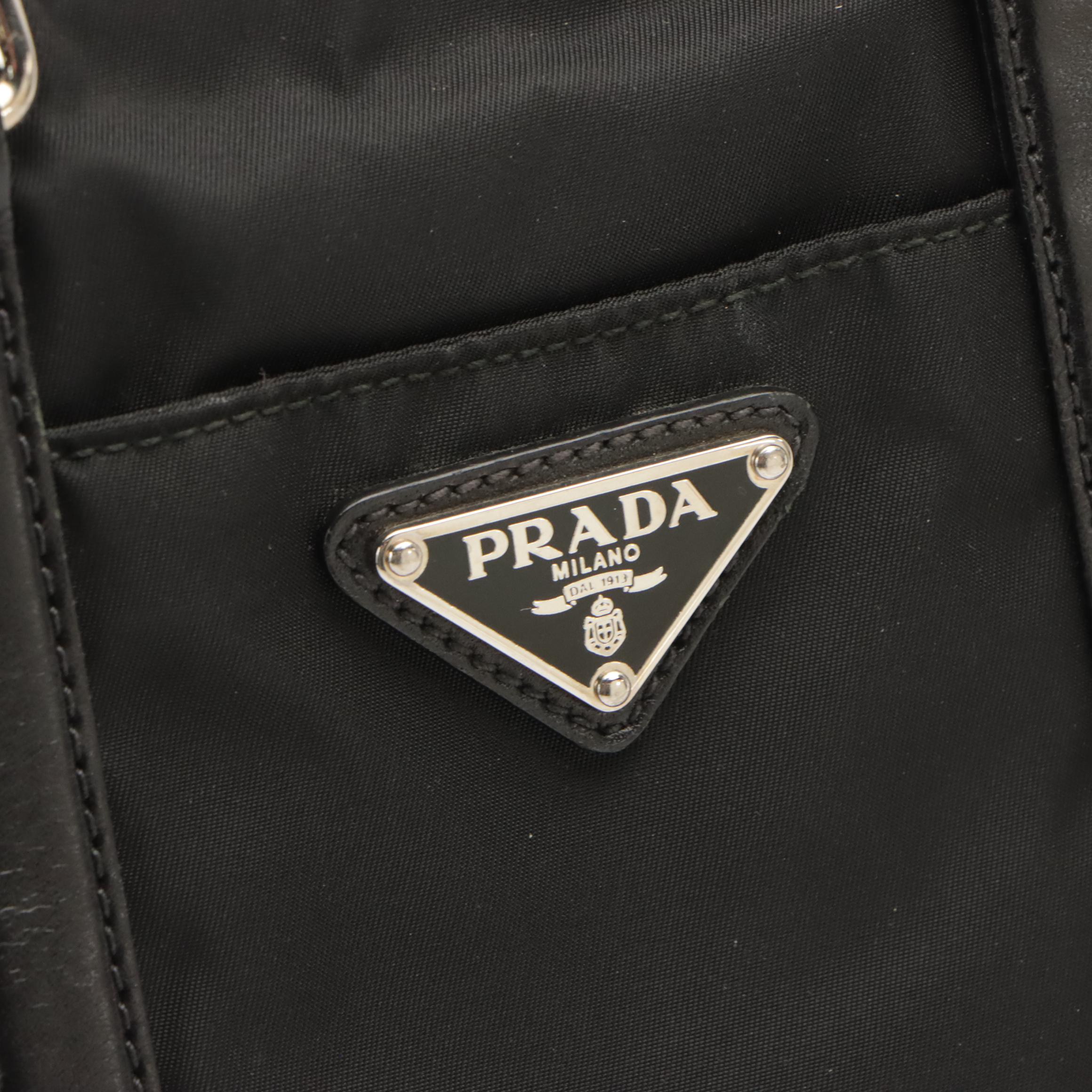 Prada Black Nylon Top Handle Bag with Leather Trim