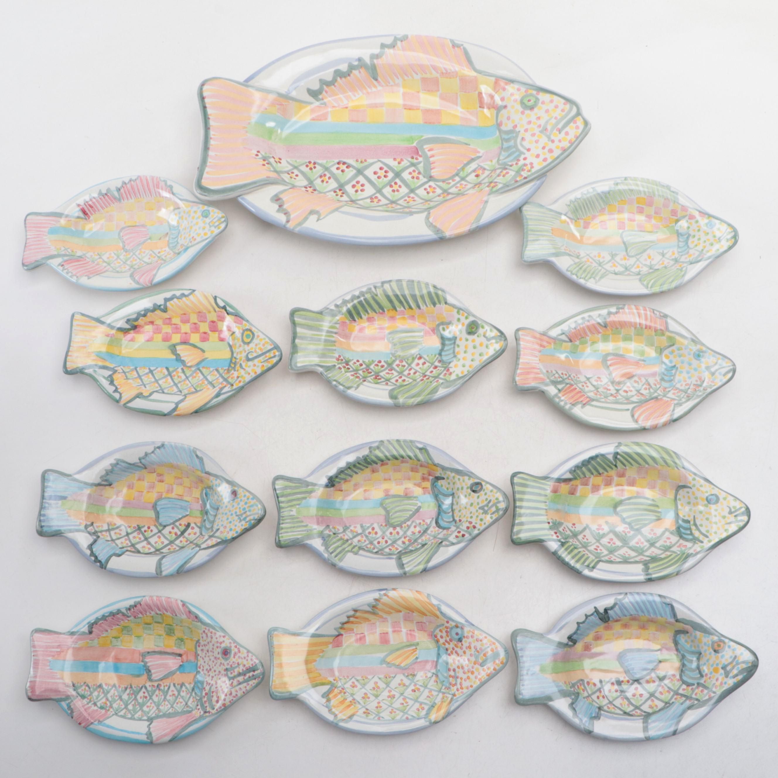 MacKenzie-Childs "Fish Story" Hand-Painted Ceramic Serving Platter and Dishes