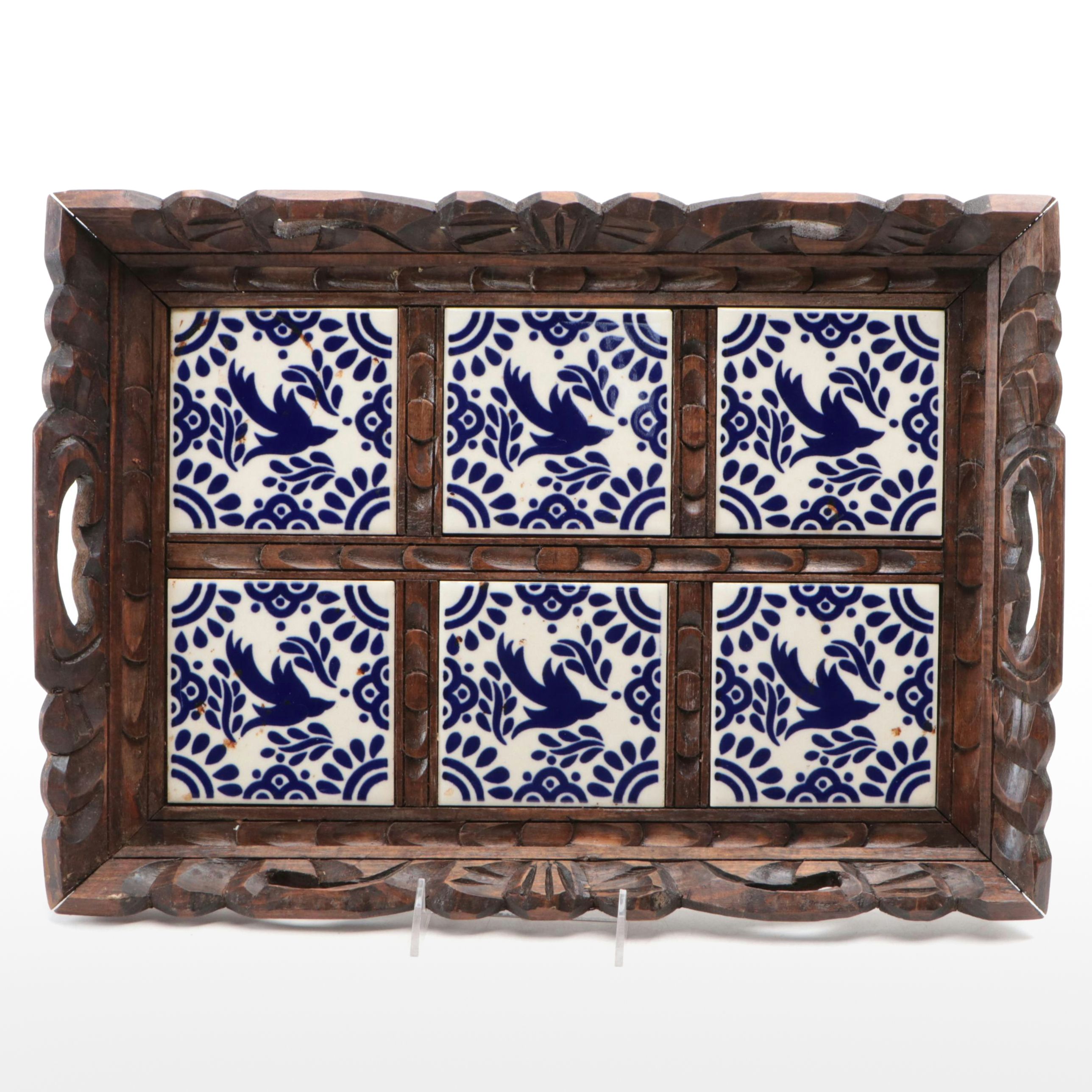 Mexican Folk Art Style Carved Wooden Tray with Ceramic Tile Inserts