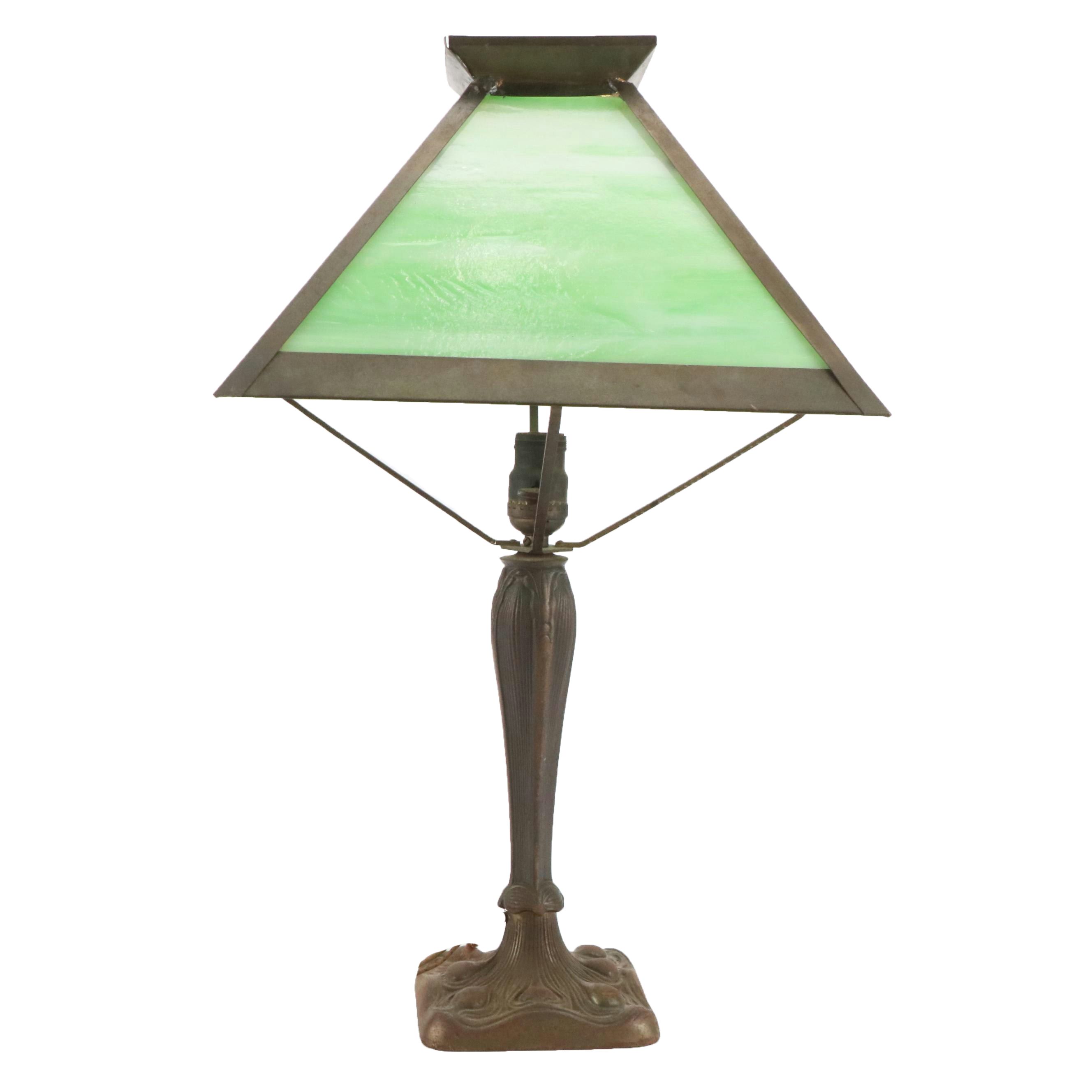 Arts and Crafts Cast Brass Table Lamp with Slag Glass Shade, Early 20th C.