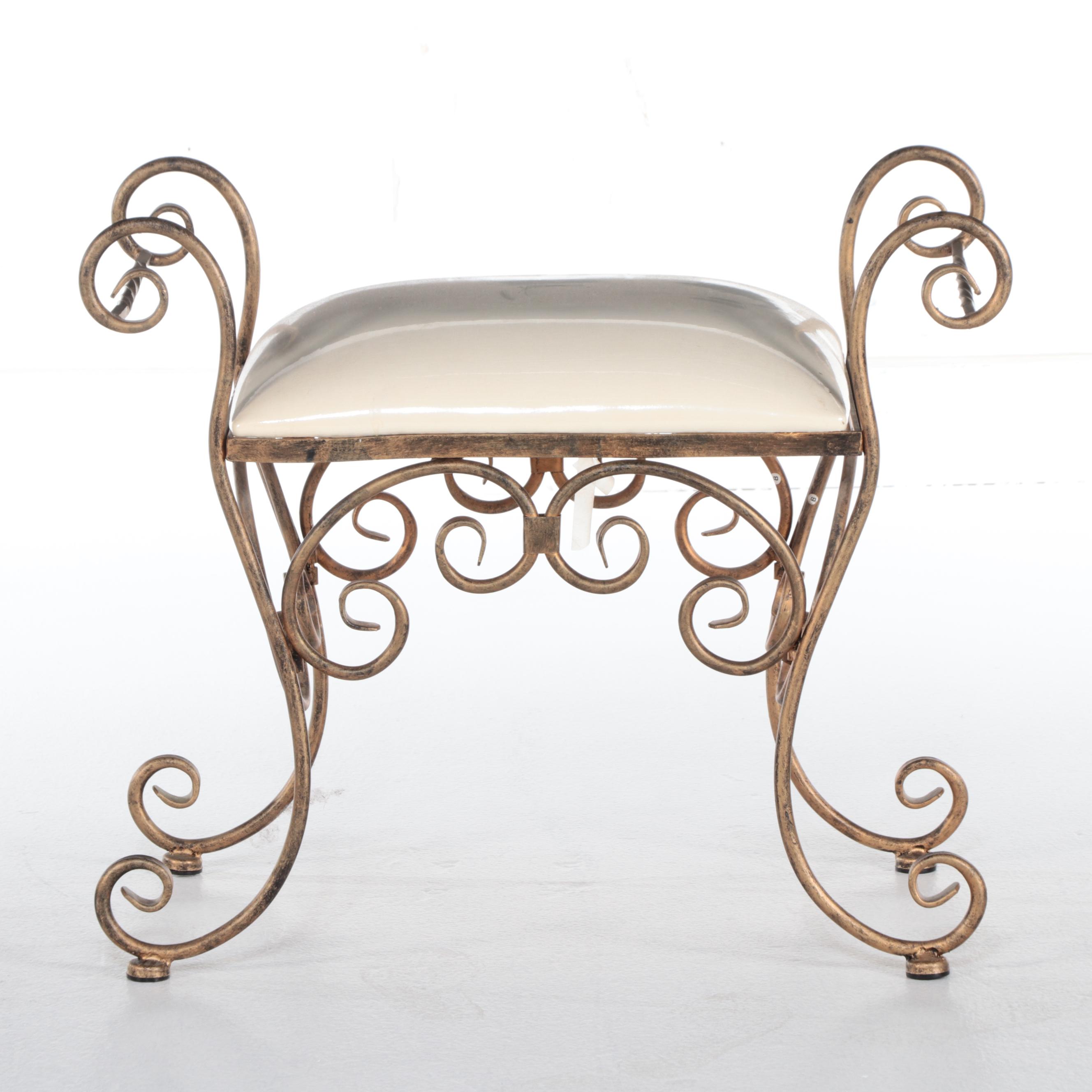 Hollywood Regency Style Wrought Iron Vanity Stool, Mid-20th Century