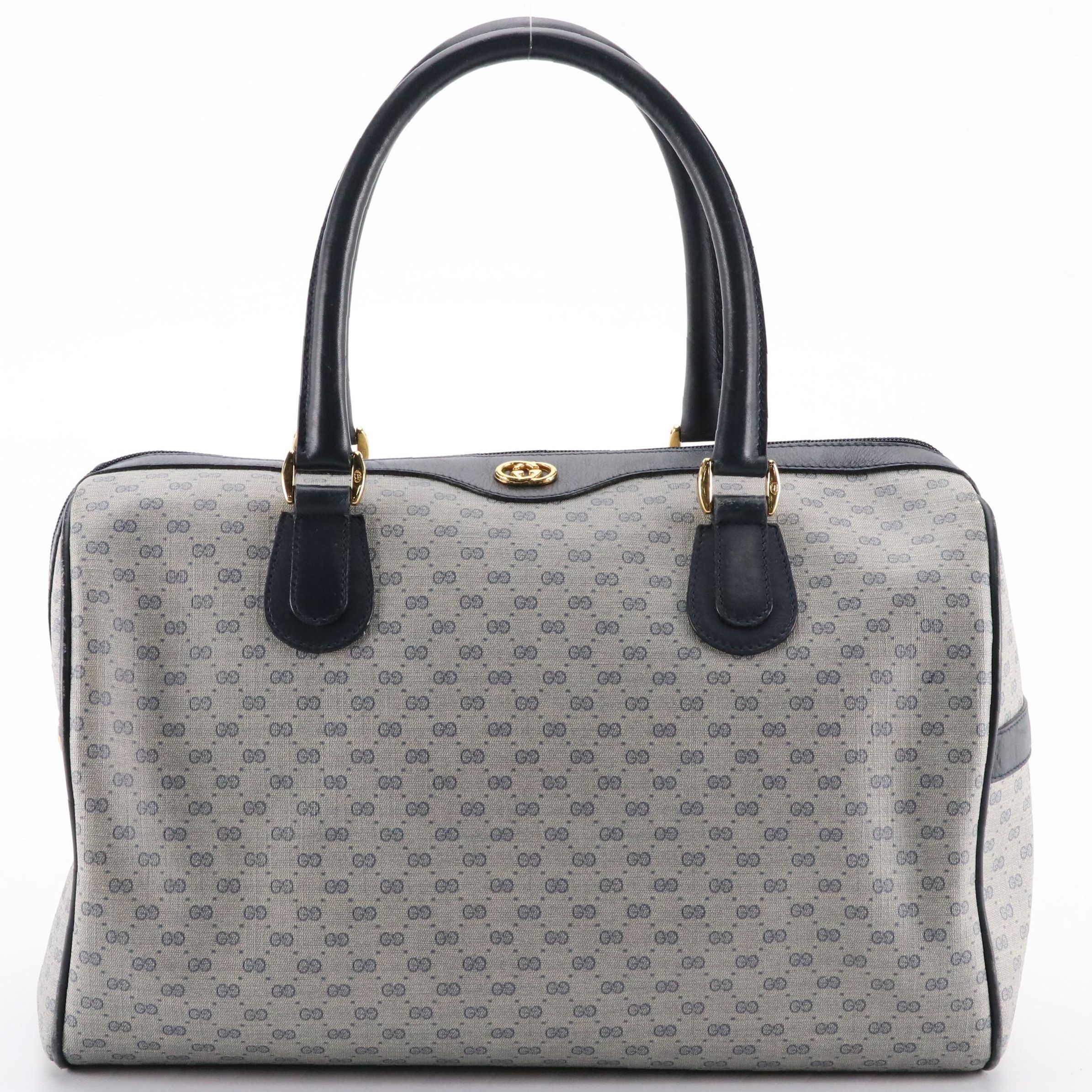 Gucci Boston Bag in Navy Blue Micro GG Canvas and Leather