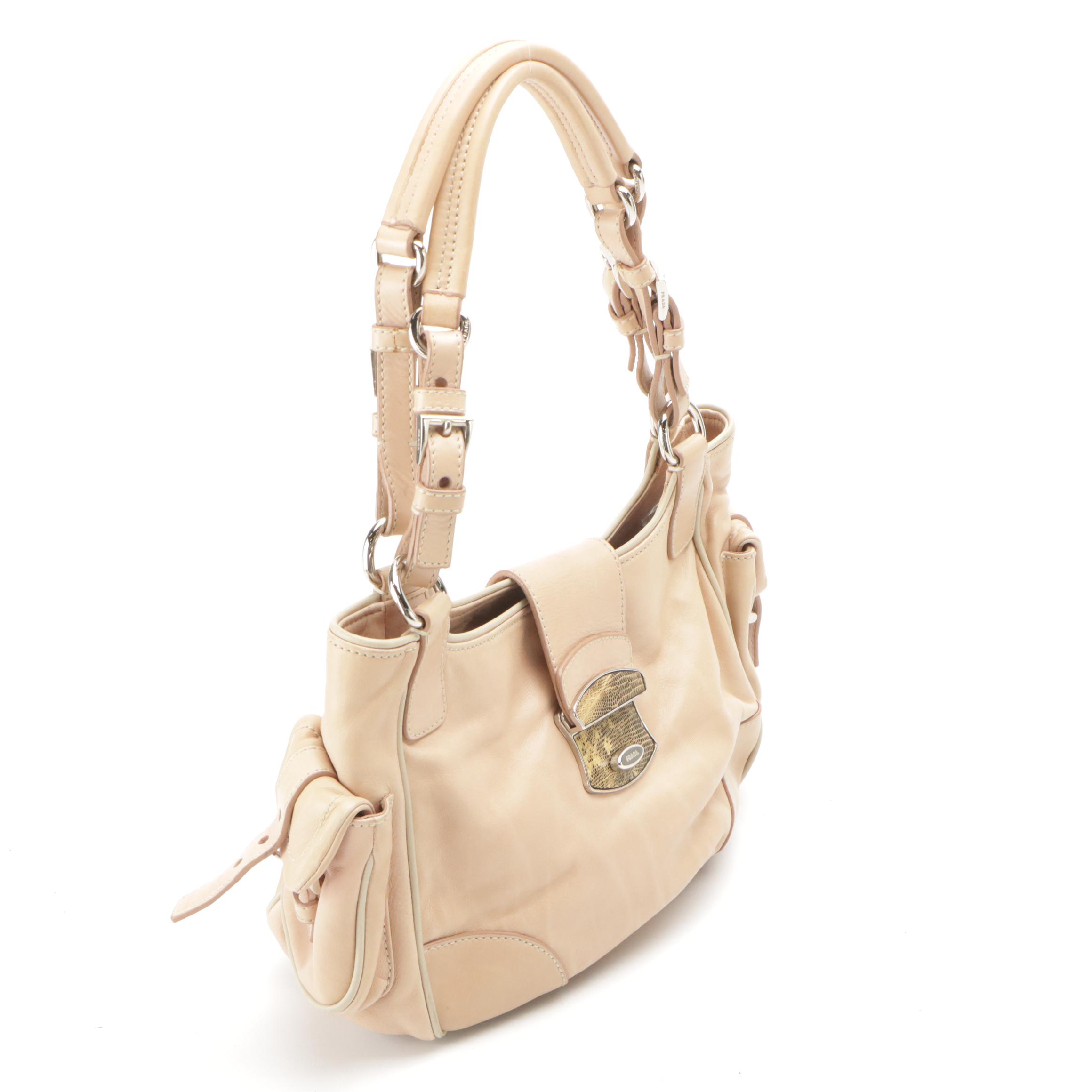 Prada Pale Pink Leather Shoulder Bag with Snakeskin Push-Lock Flap