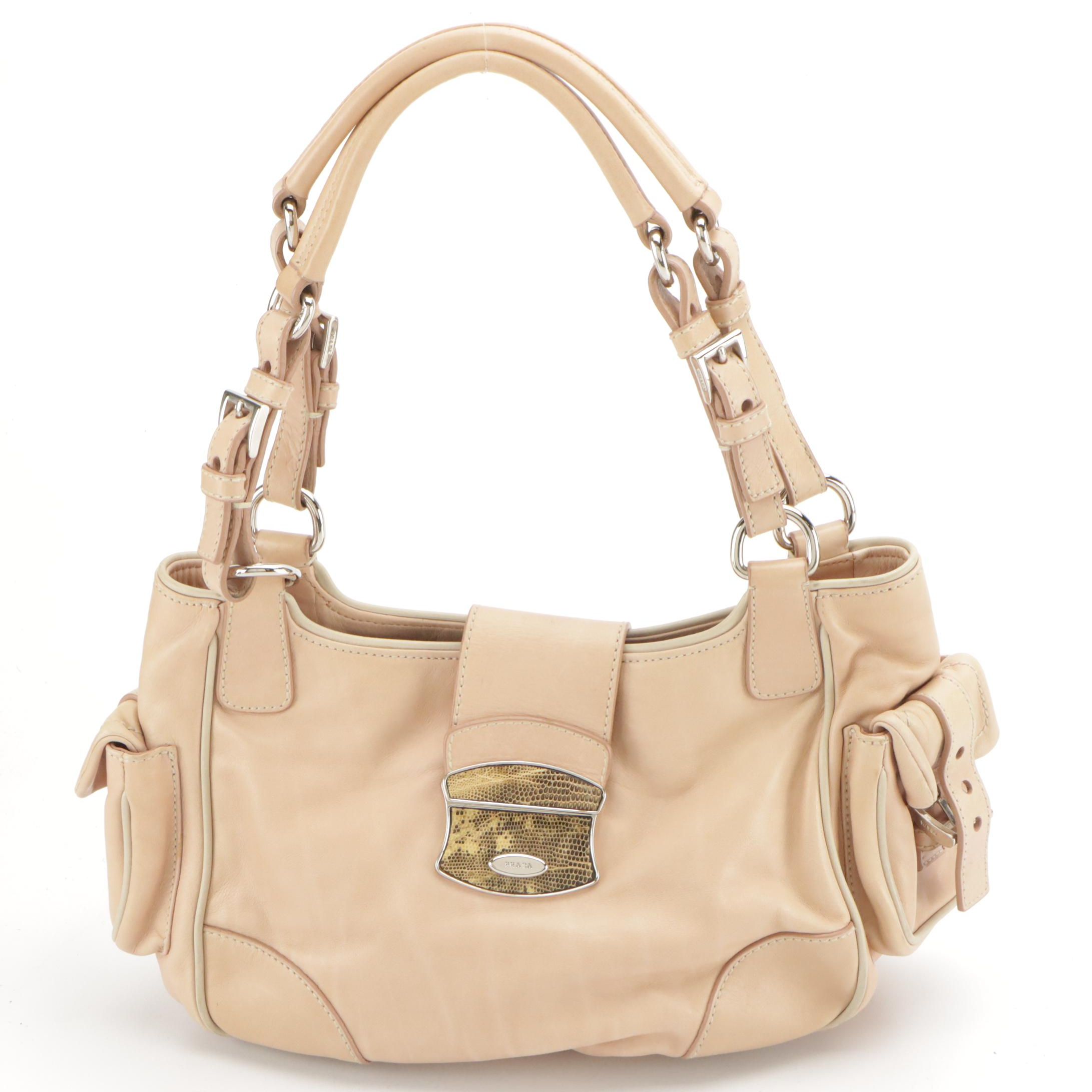 Prada Pale Pink Leather Shoulder Bag with Snakeskin Push-Lock Flap