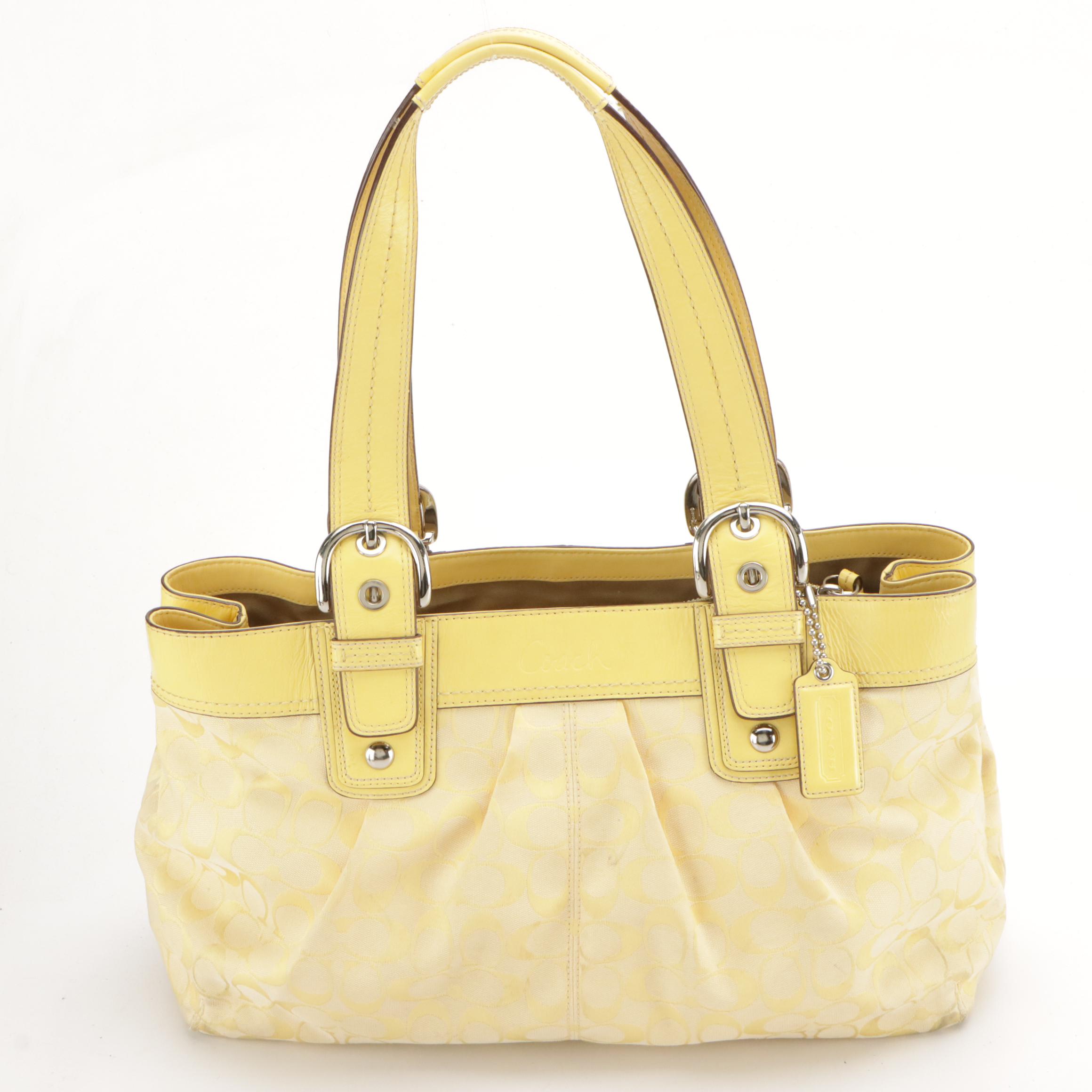 Coach Yellow Signature Canvas Soho Pleated Tote, Signature Stripe Shoulder Bag