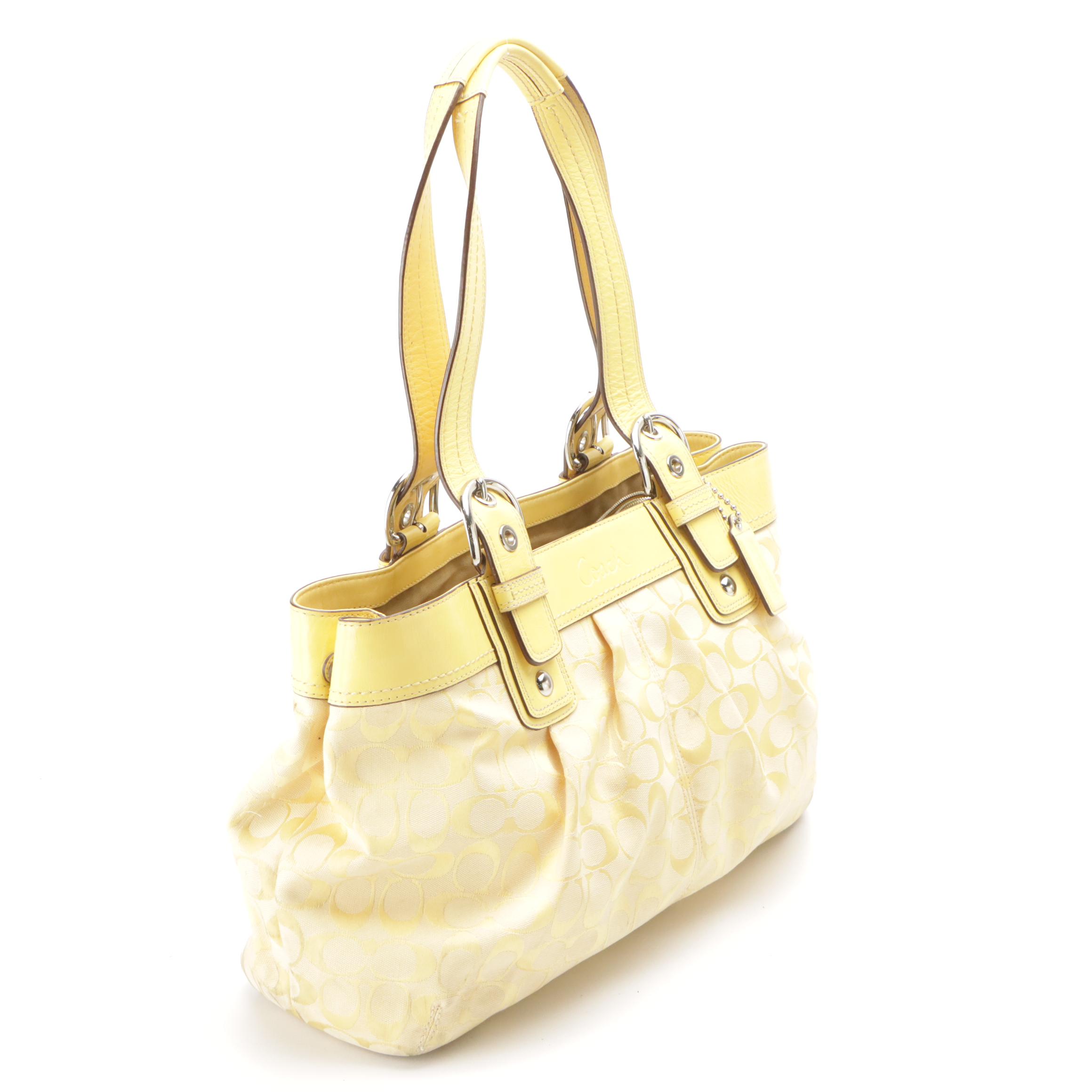 Coach Yellow Signature Canvas Soho Pleated Tote, Signature Stripe Shoulder Bag