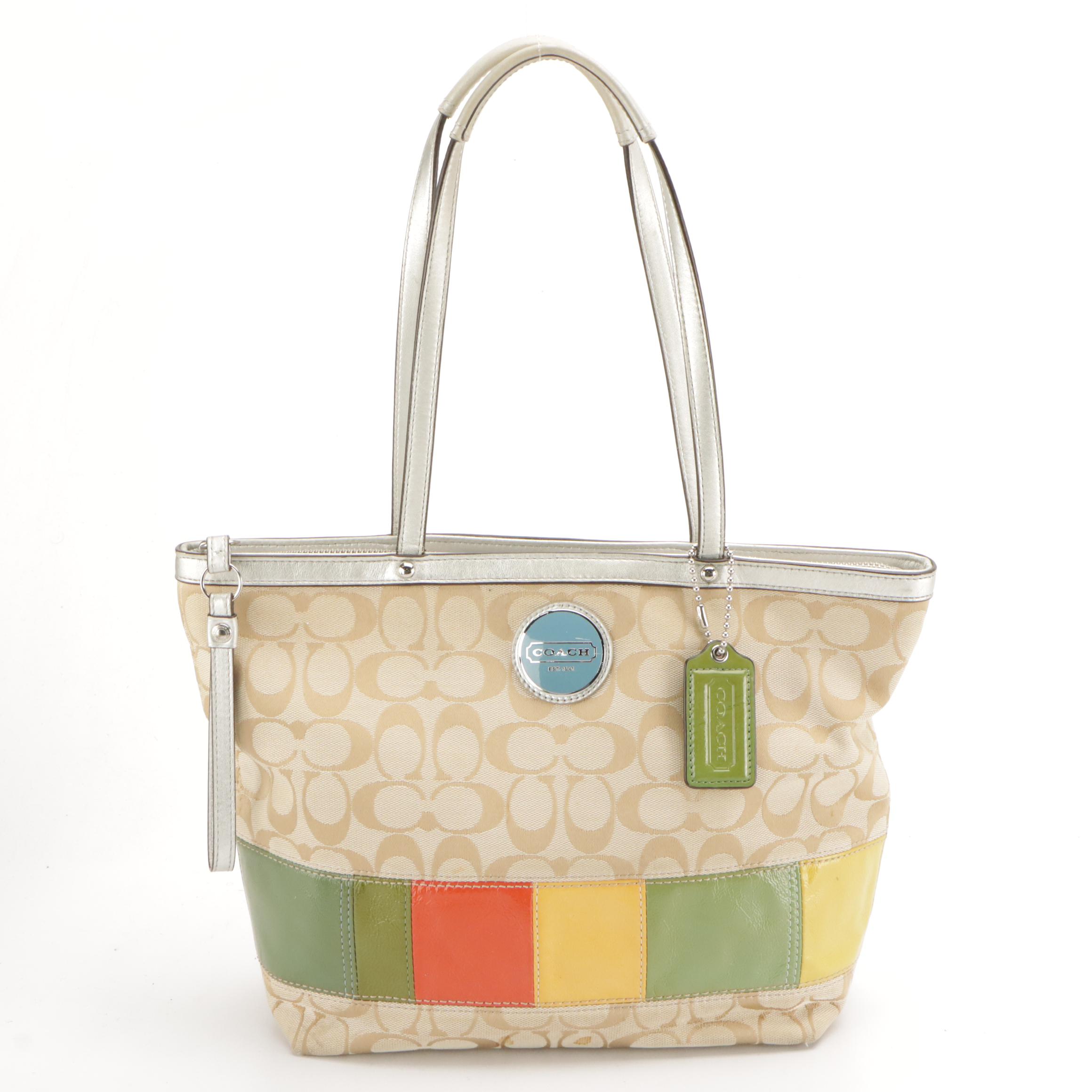 Coach Yellow Signature Canvas Soho Pleated Tote, Signature Stripe Shoulder Bag