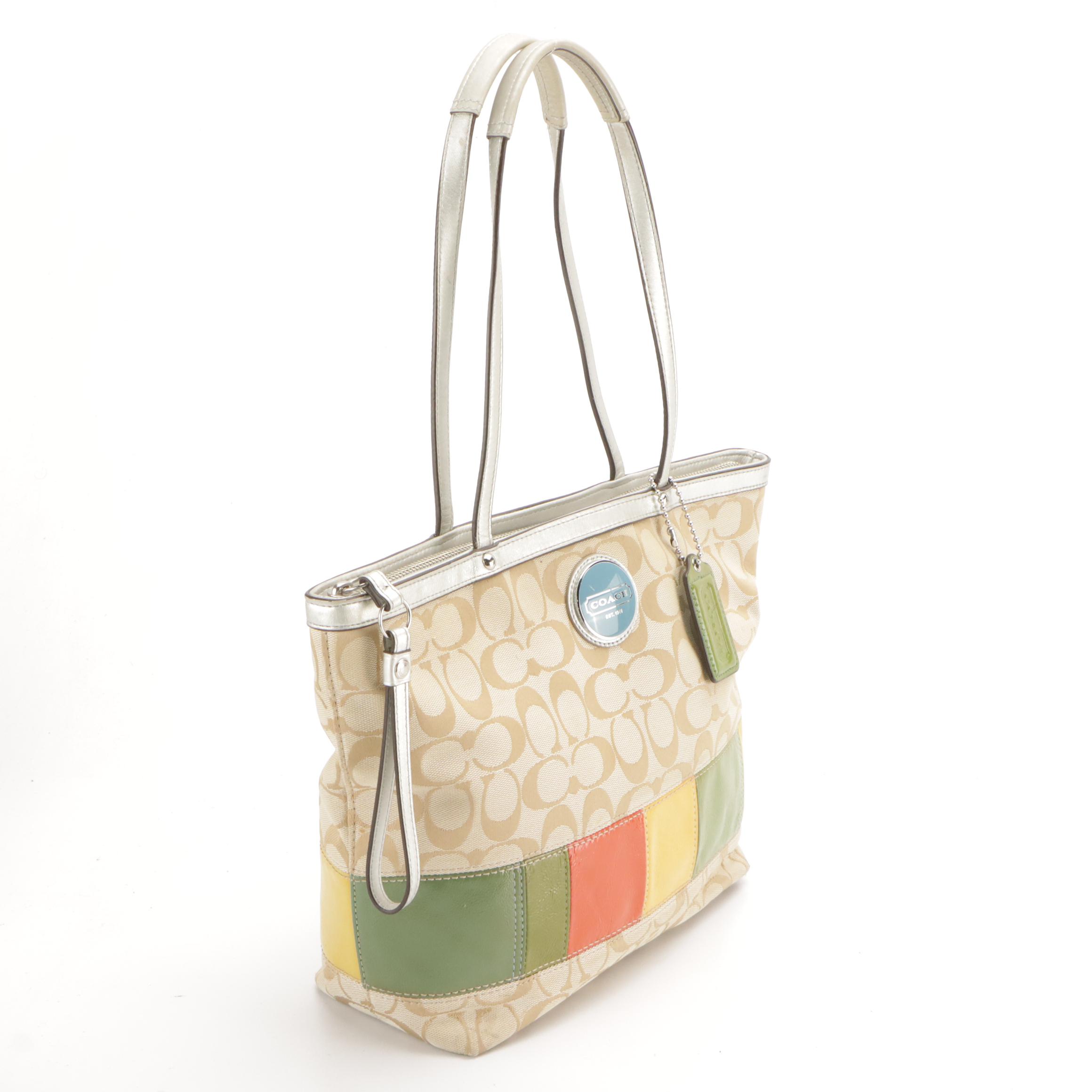 Coach Yellow Signature Canvas Soho Pleated Tote, Signature Stripe Shoulder Bag