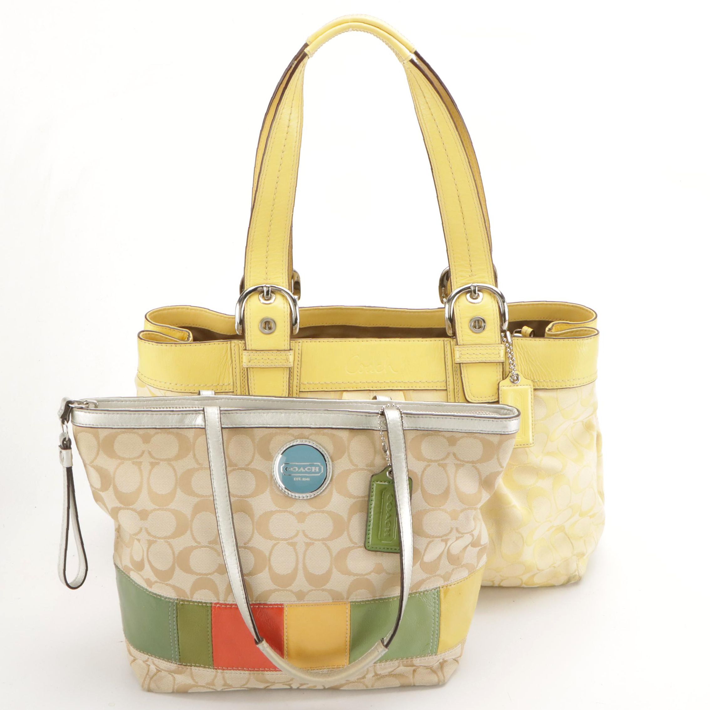 Coach Yellow Signature Canvas Soho Pleated Tote, Signature Stripe Shoulder Bag