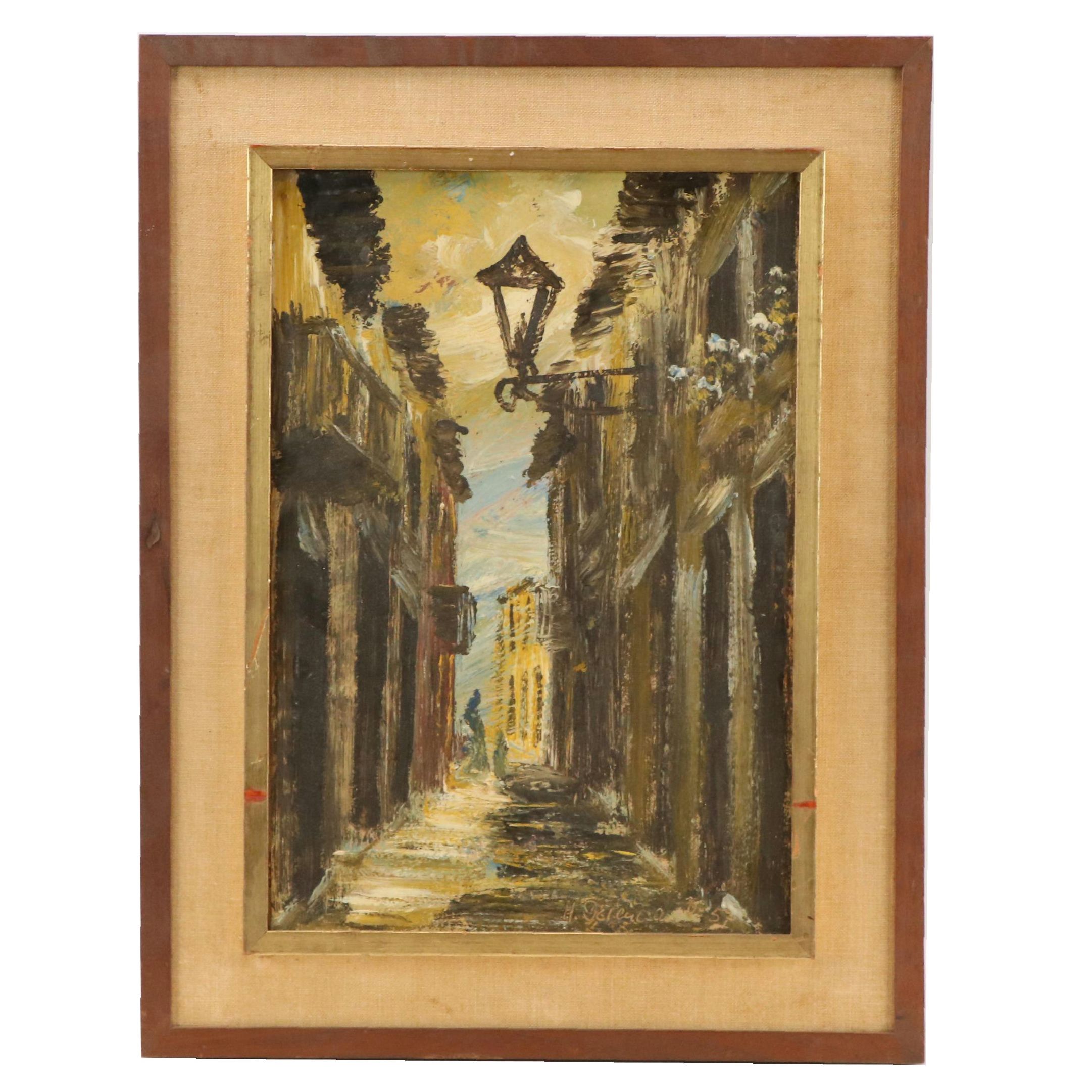 Cityscape Oil Painting of an Illuminated Alleyway, 1957