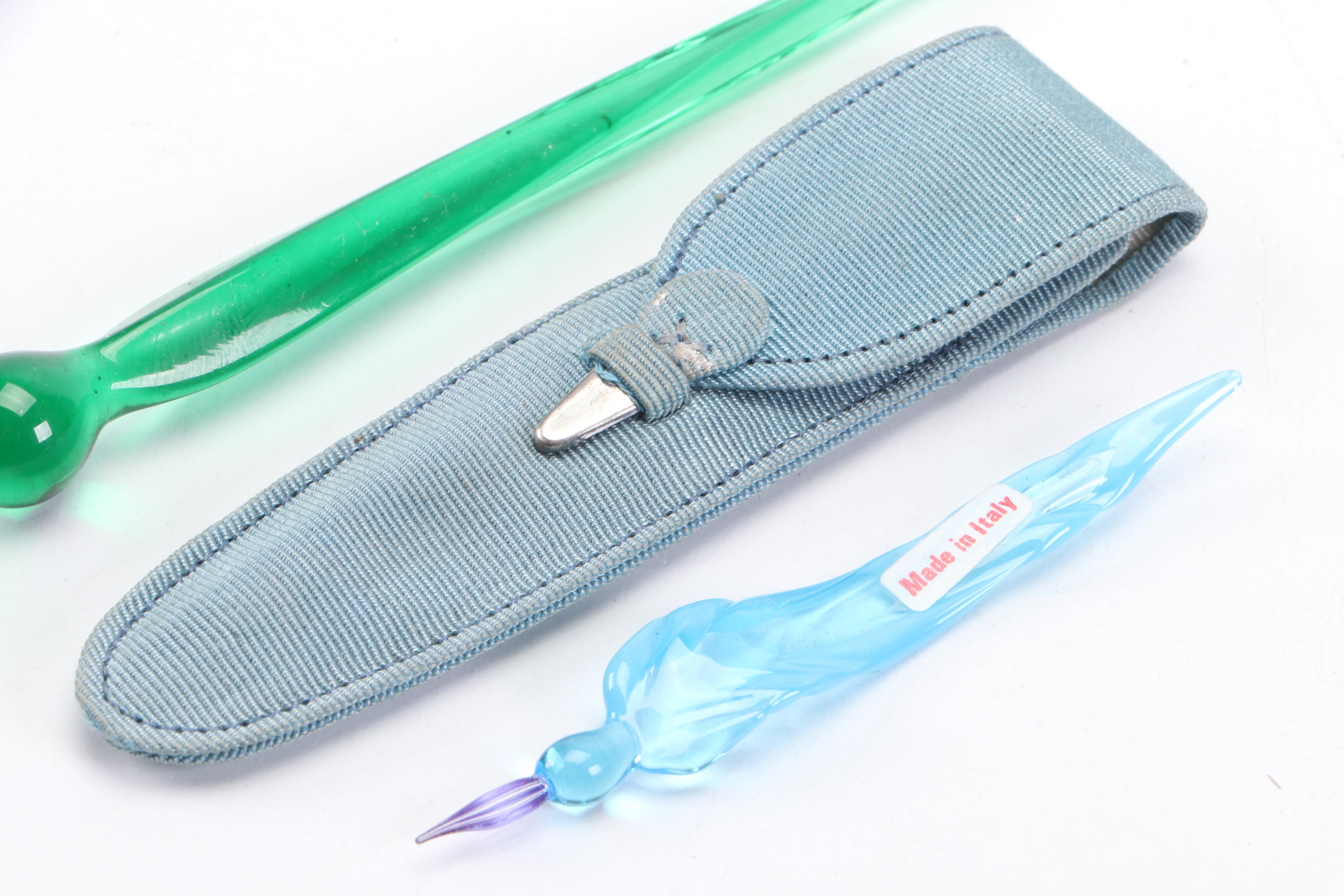 Murano Glass Fountain Dip Pens and Montblanc Pen Pocket with 800 Silver Catch