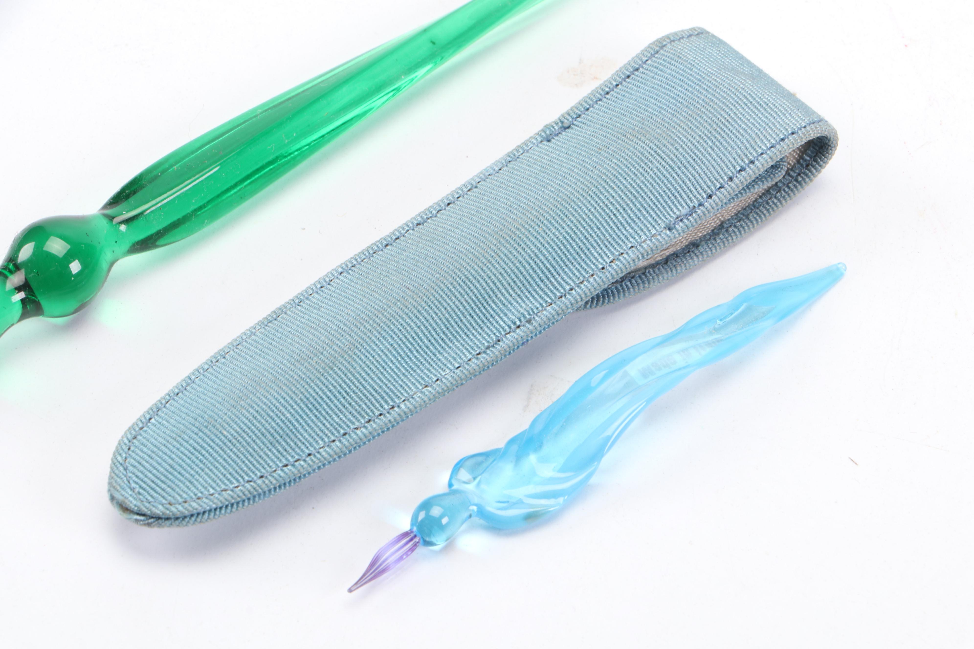 Murano Glass Fountain Dip Pens and Montblanc Pen Pocket with 800 Silver Catch