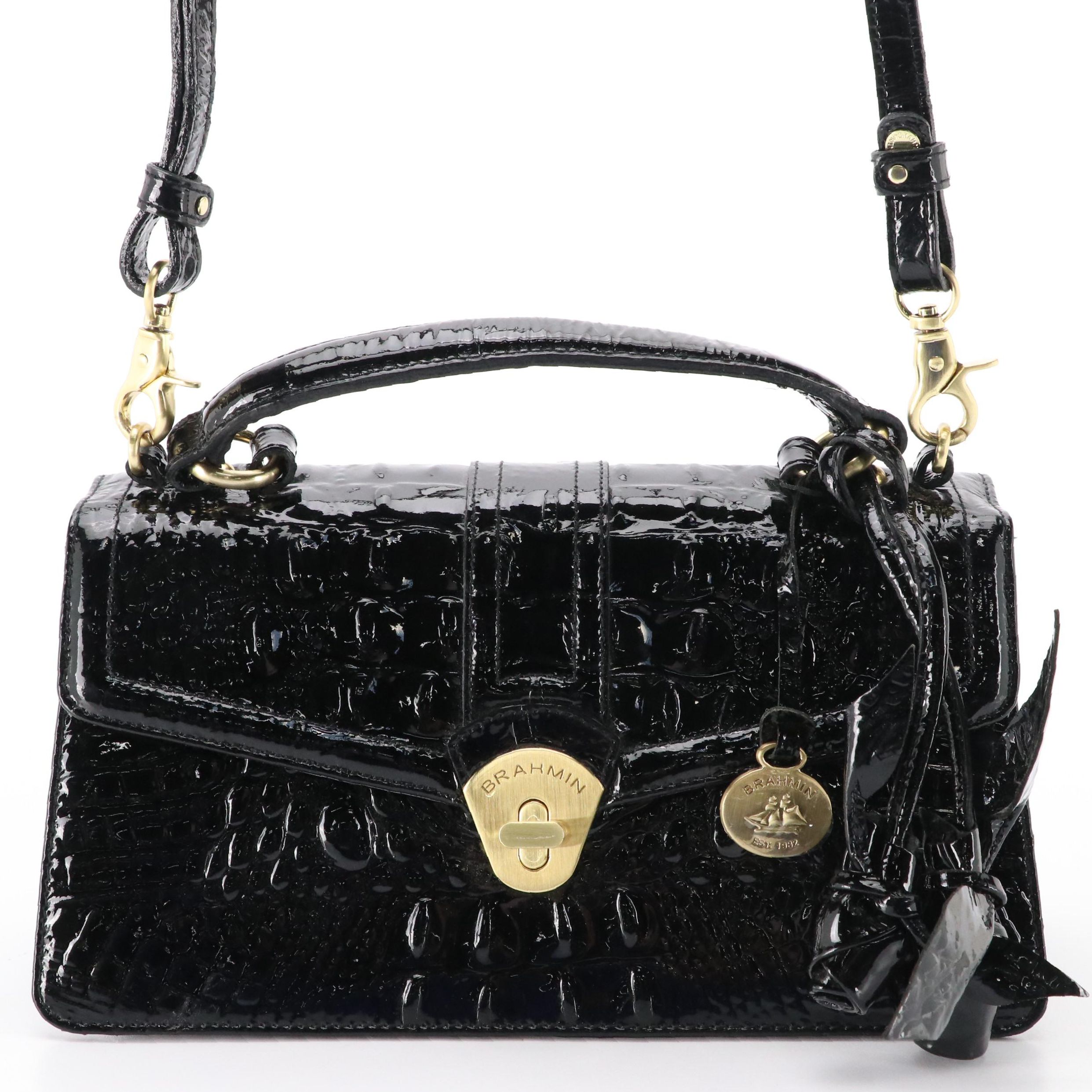 Brahmin Genie Rose Satchel in Croc Embossed Patent Leather