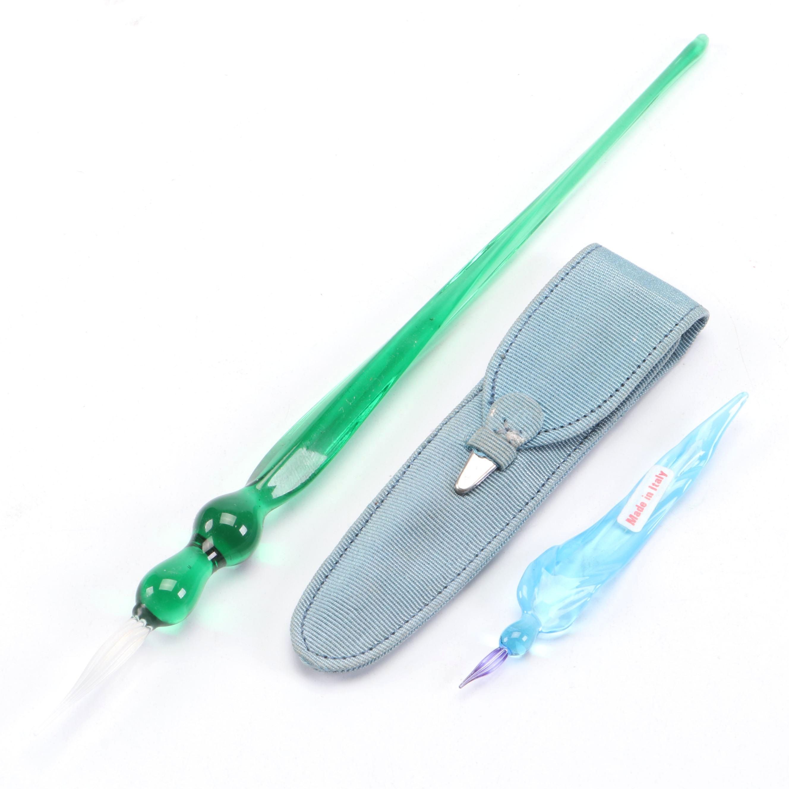 Murano Glass Fountain Dip Pens and Montblanc Pen Pocket with 800 Silver Catch