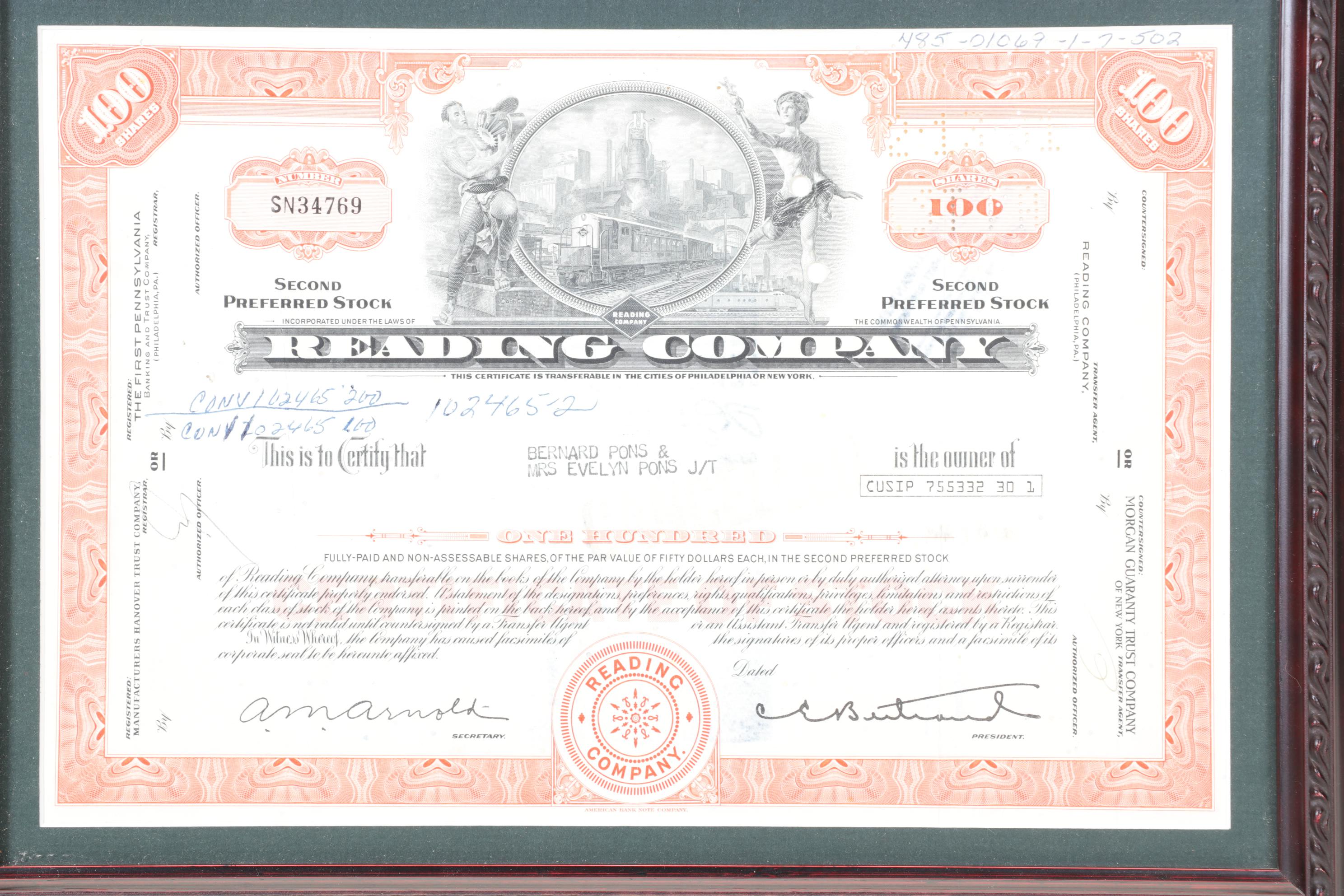 Reading Company Framed Stock Certificates with Loose Bond Certificate