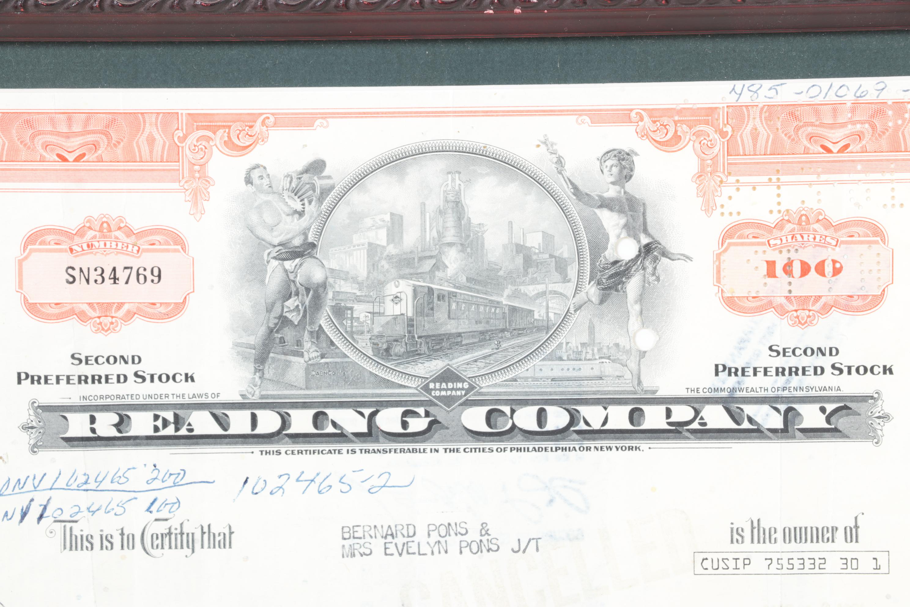 Reading Company Framed Stock Certificates with Loose Bond Certificate