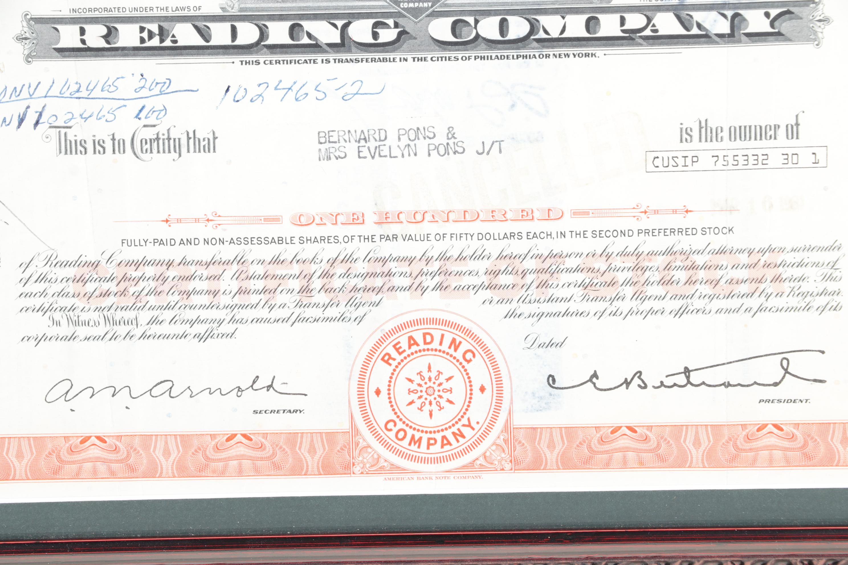 Reading Company Framed Stock Certificates with Loose Bond Certificate