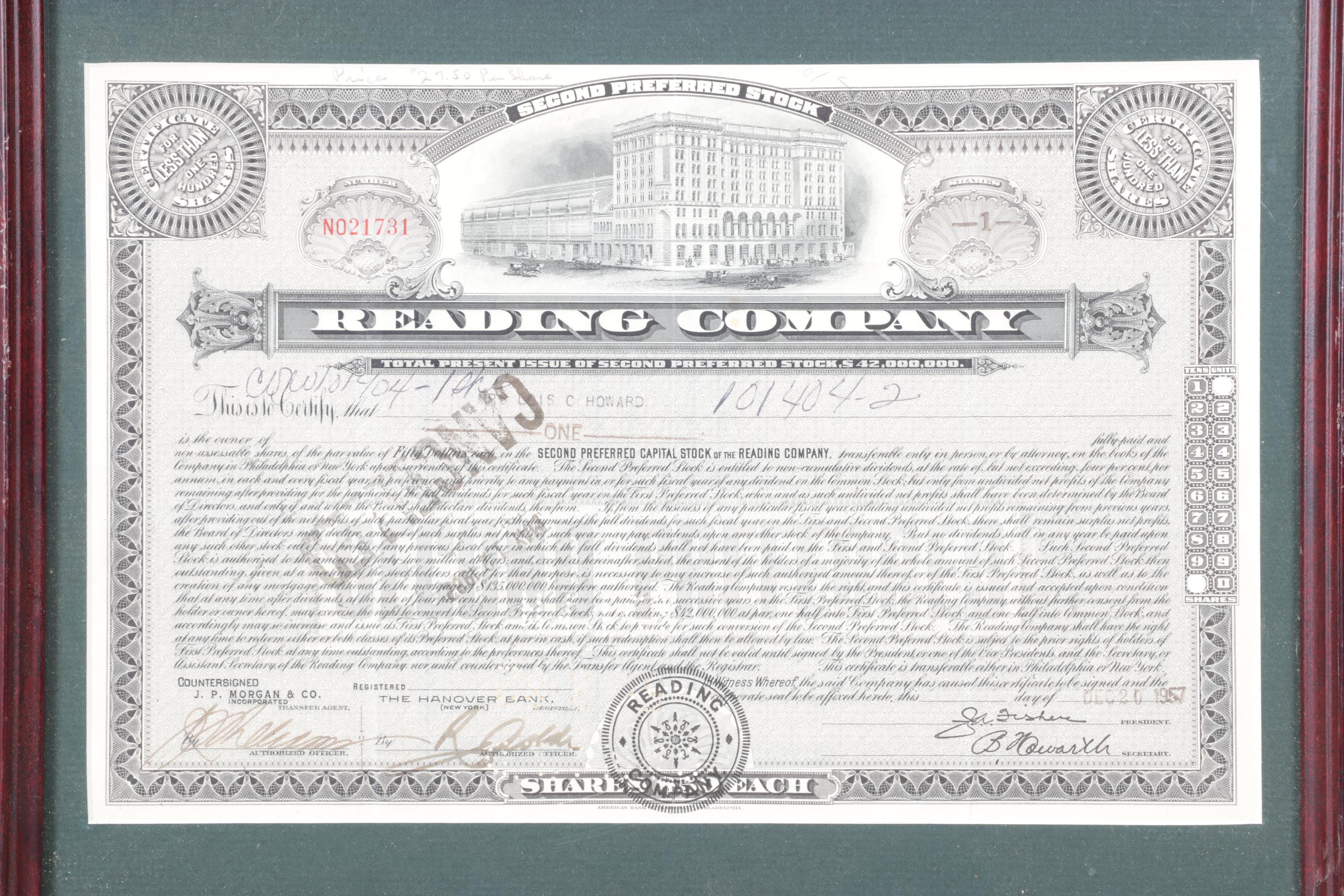 Reading Company Framed Stock Certificates with Loose Bond Certificate