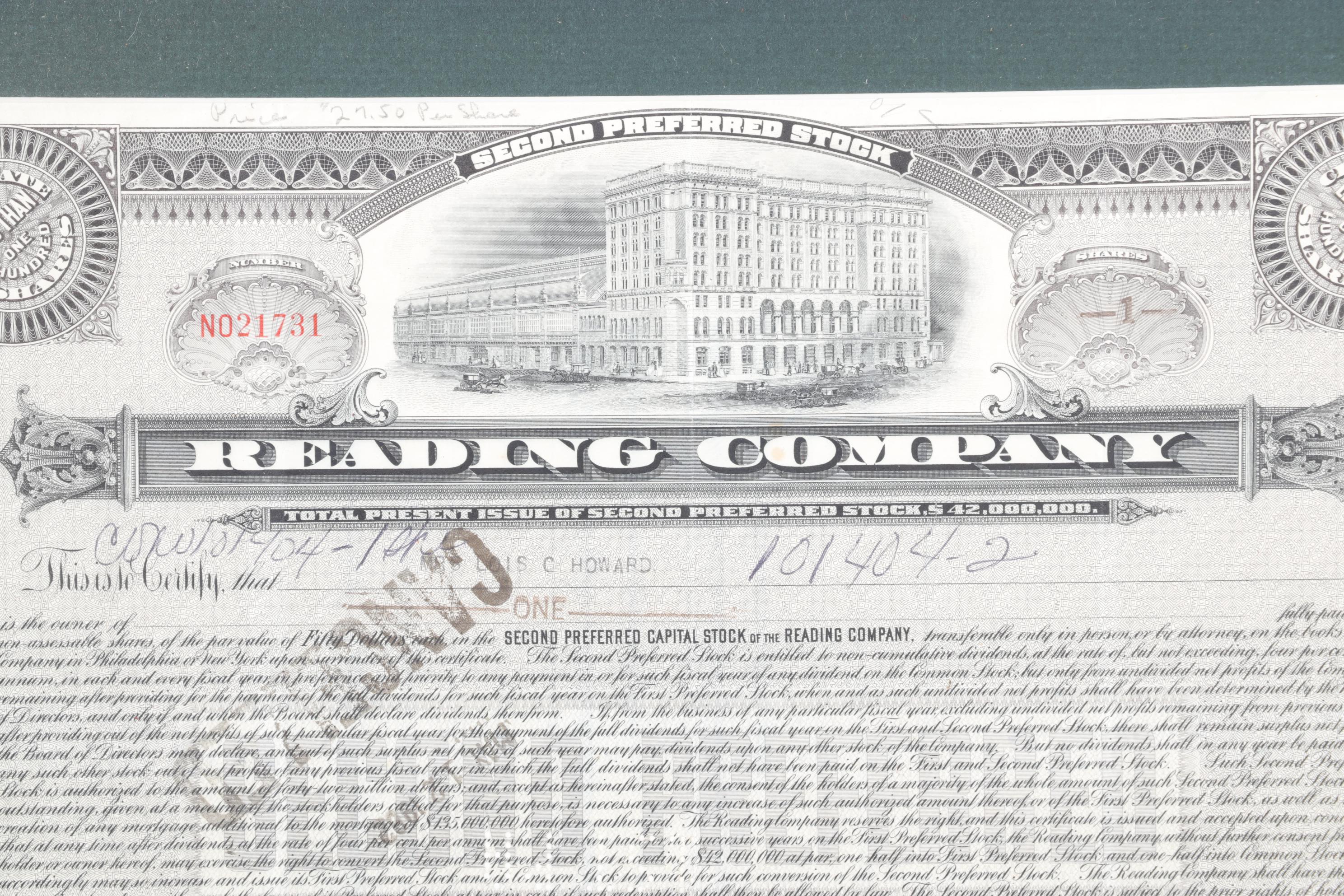 Reading Company Framed Stock Certificates with Loose Bond Certificate