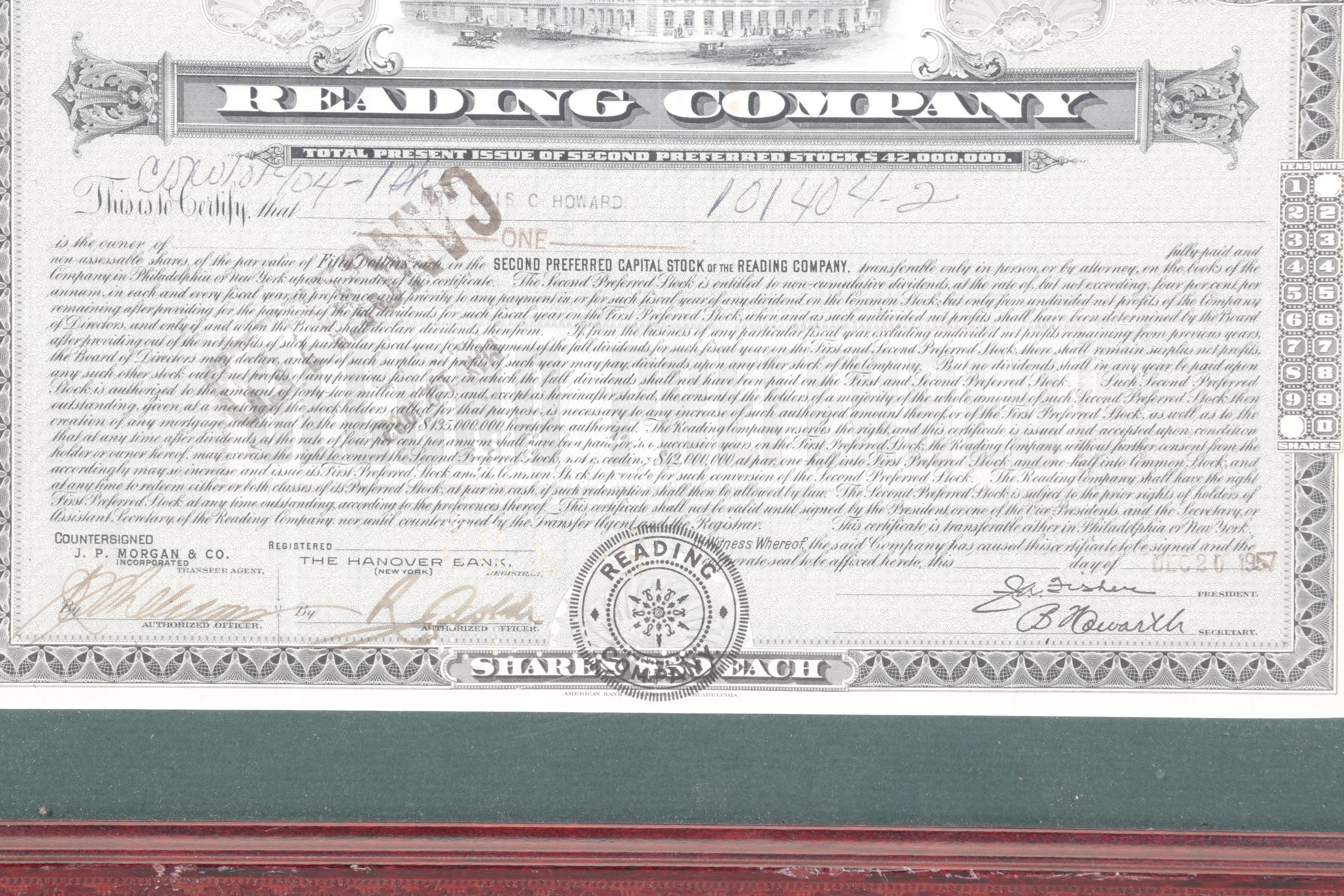 Reading Company Framed Stock Certificates with Loose Bond Certificate