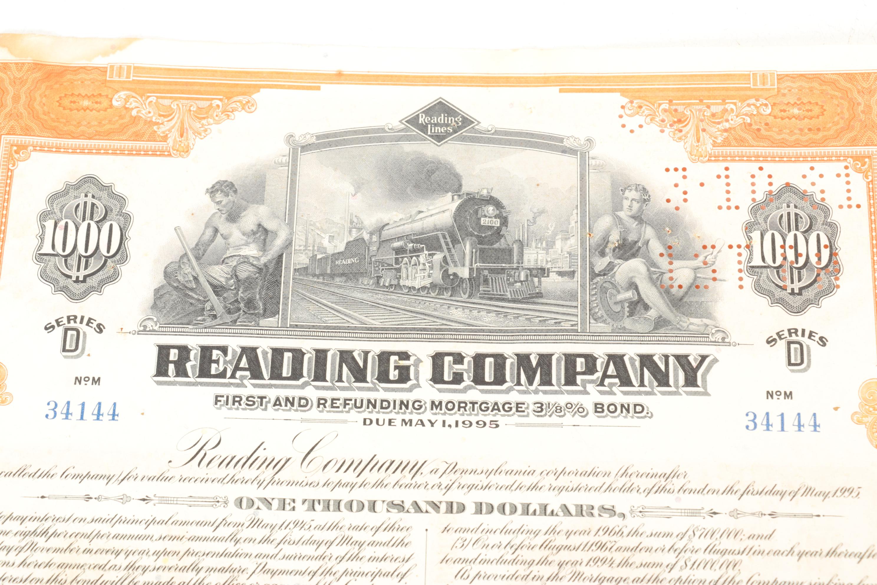 Reading Company Framed Stock Certificates with Loose Bond Certificate
