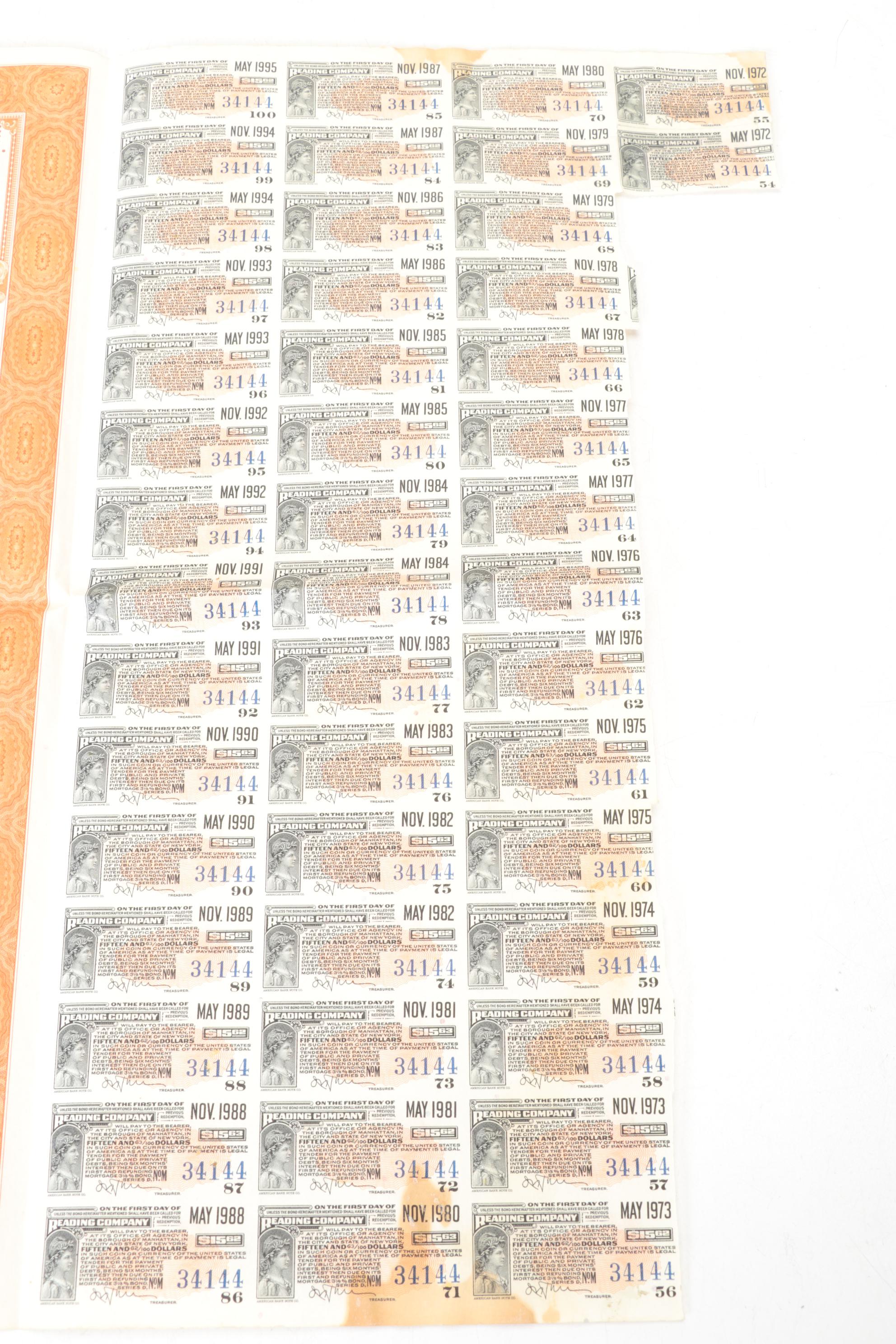 Reading Company Framed Stock Certificates with Loose Bond Certificate