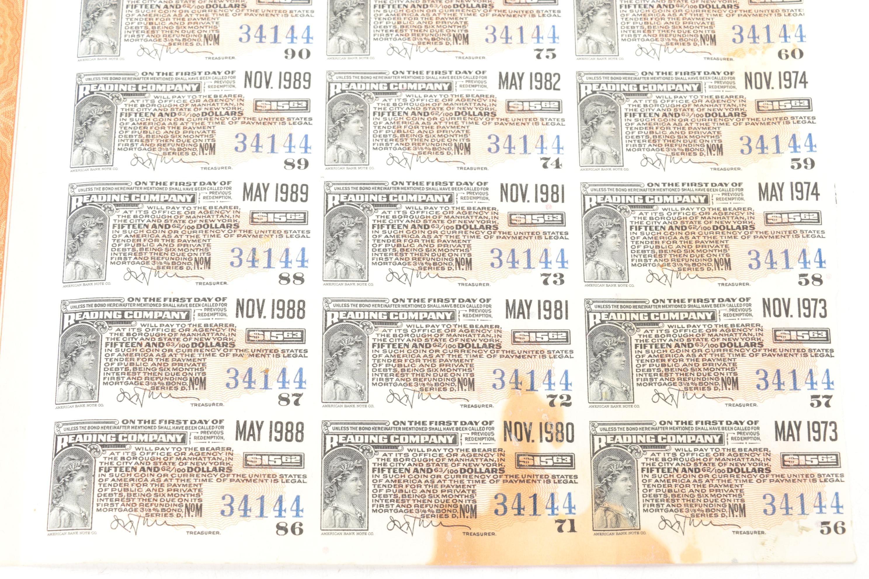 Reading Company Framed Stock Certificates with Loose Bond Certificate