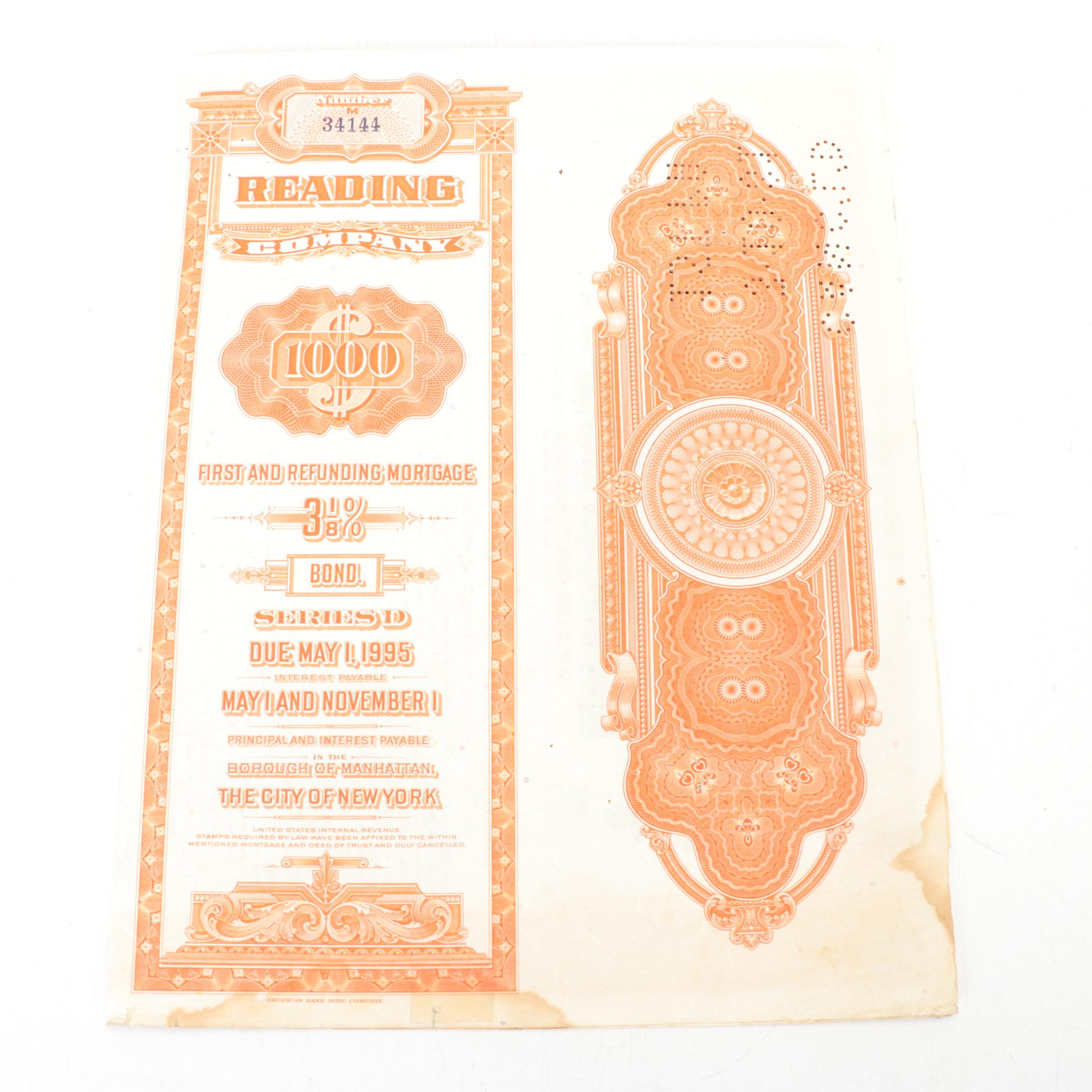 Reading Company Framed Stock Certificates with Loose Bond Certificate