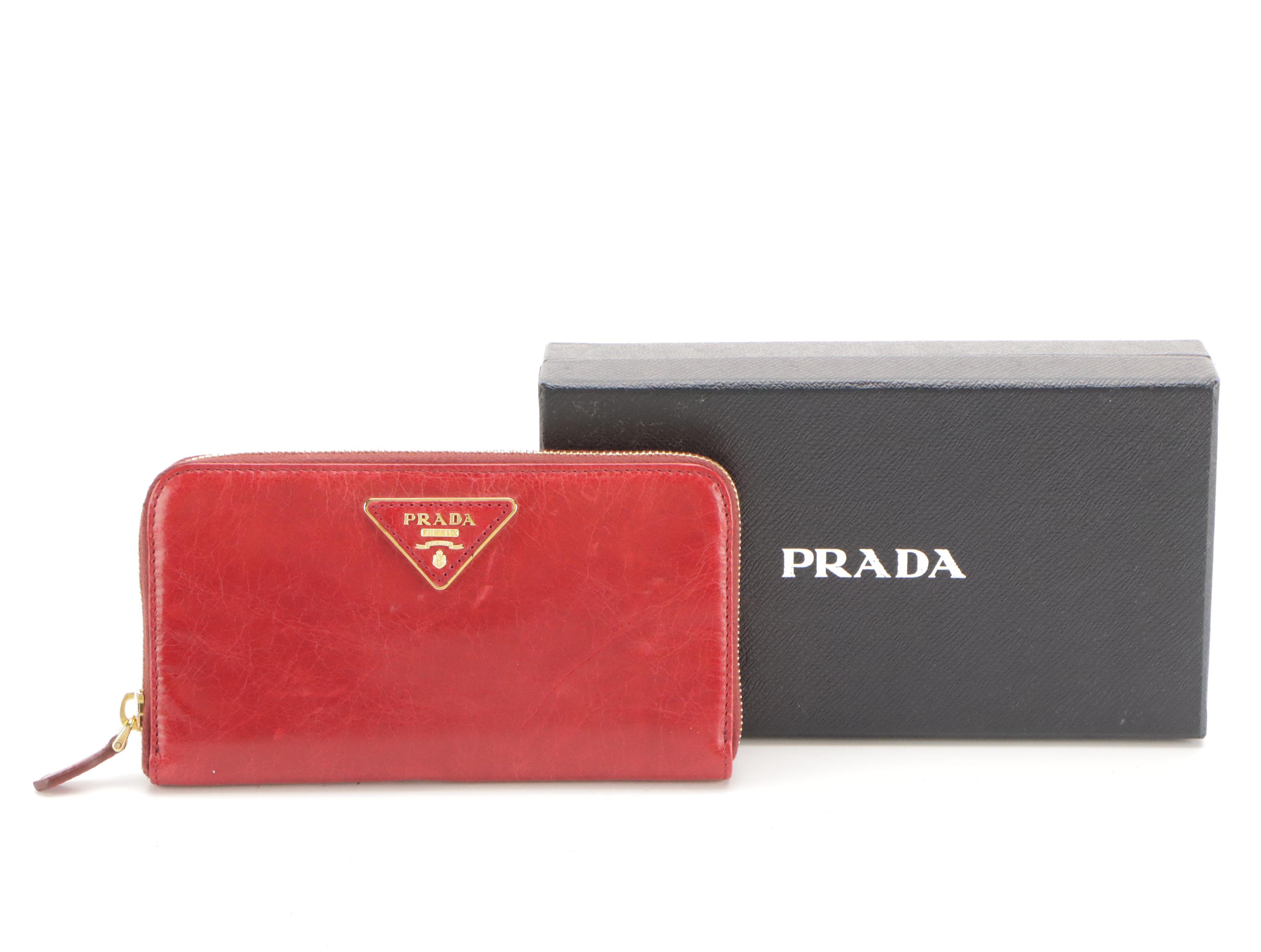 Prada Rubino Vitello Shine Leather Zip-Around Wallet in Box