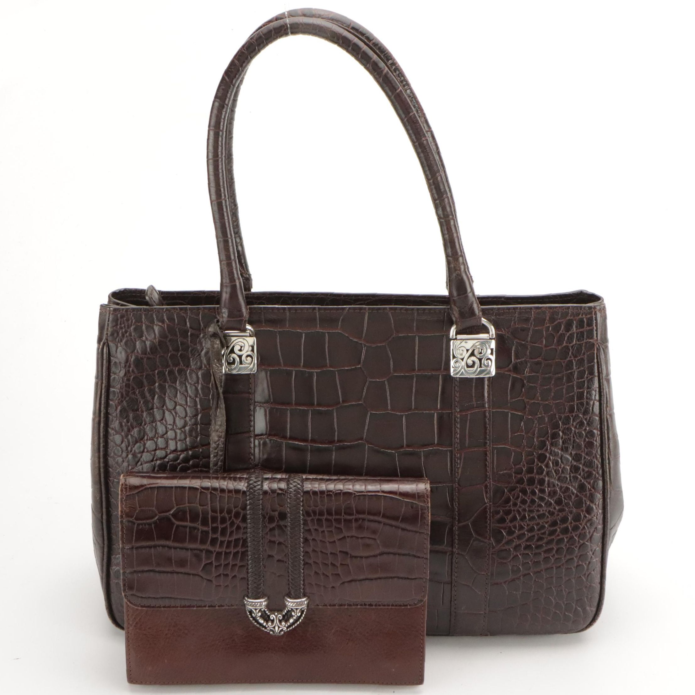 Brighton Shoulder Bag and Clutch in Brown Croc Embossed Leather