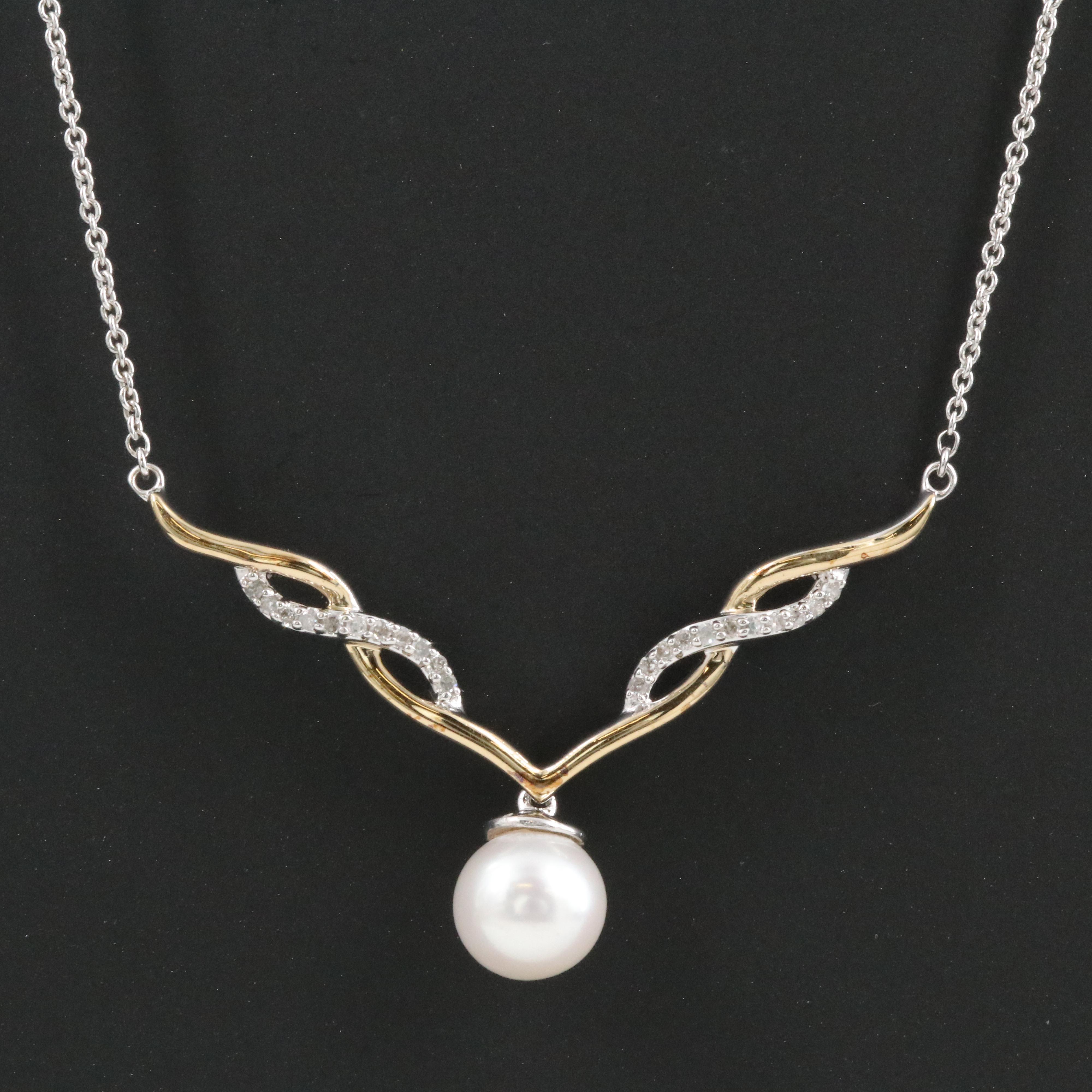 Sterling Two-Tone Pearl and Diamond Necklace