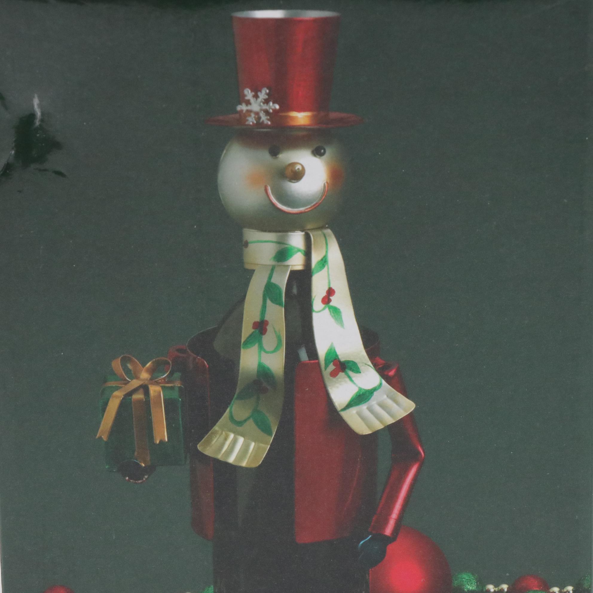Metal Snowman Wine Bottle Holder, Reindeer Wall Hanging, & Ceramic Santa Plates
