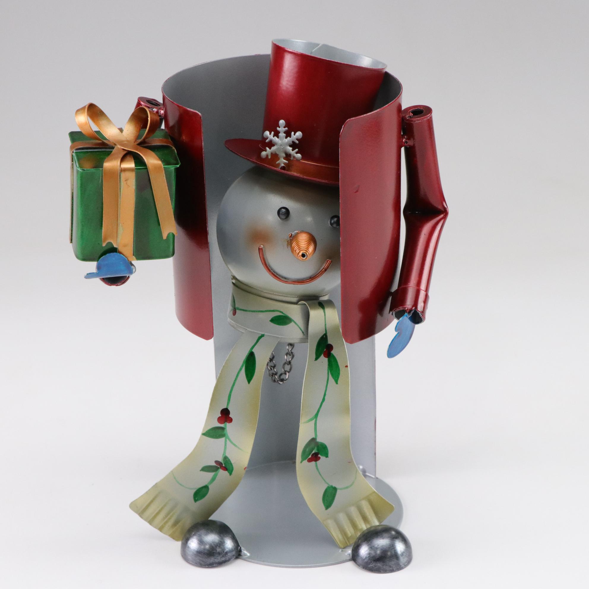 Metal Snowman Wine Bottle Holder, Reindeer Wall Hanging, & Ceramic Santa Plates