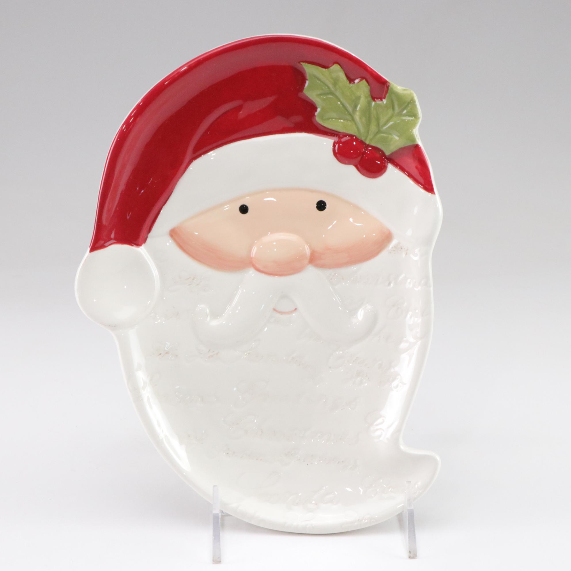 Metal Snowman Wine Bottle Holder, Reindeer Wall Hanging, & Ceramic Santa Plates