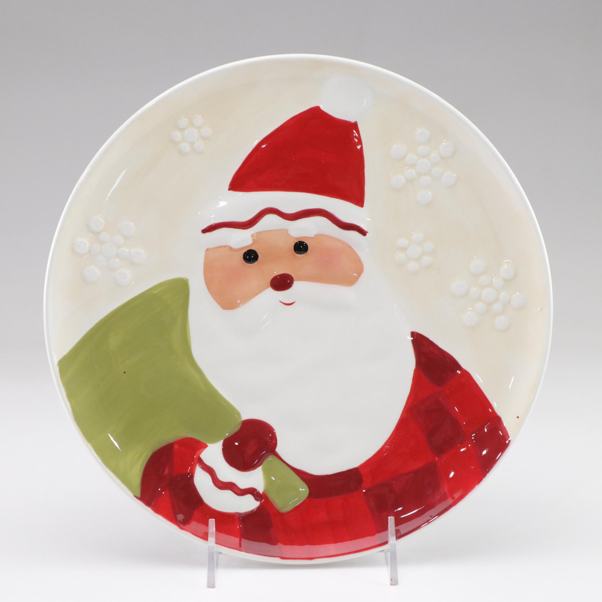 Metal Snowman Wine Bottle Holder, Reindeer Wall Hanging, & Ceramic Santa Plates