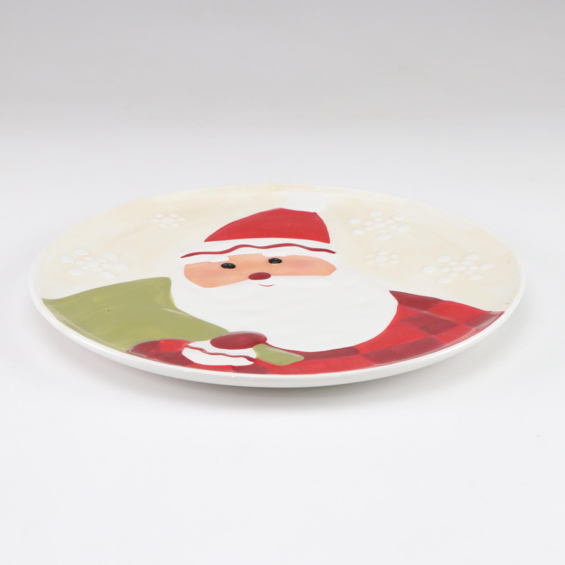 Metal Snowman Wine Bottle Holder, Reindeer Wall Hanging, & Ceramic Santa Plates