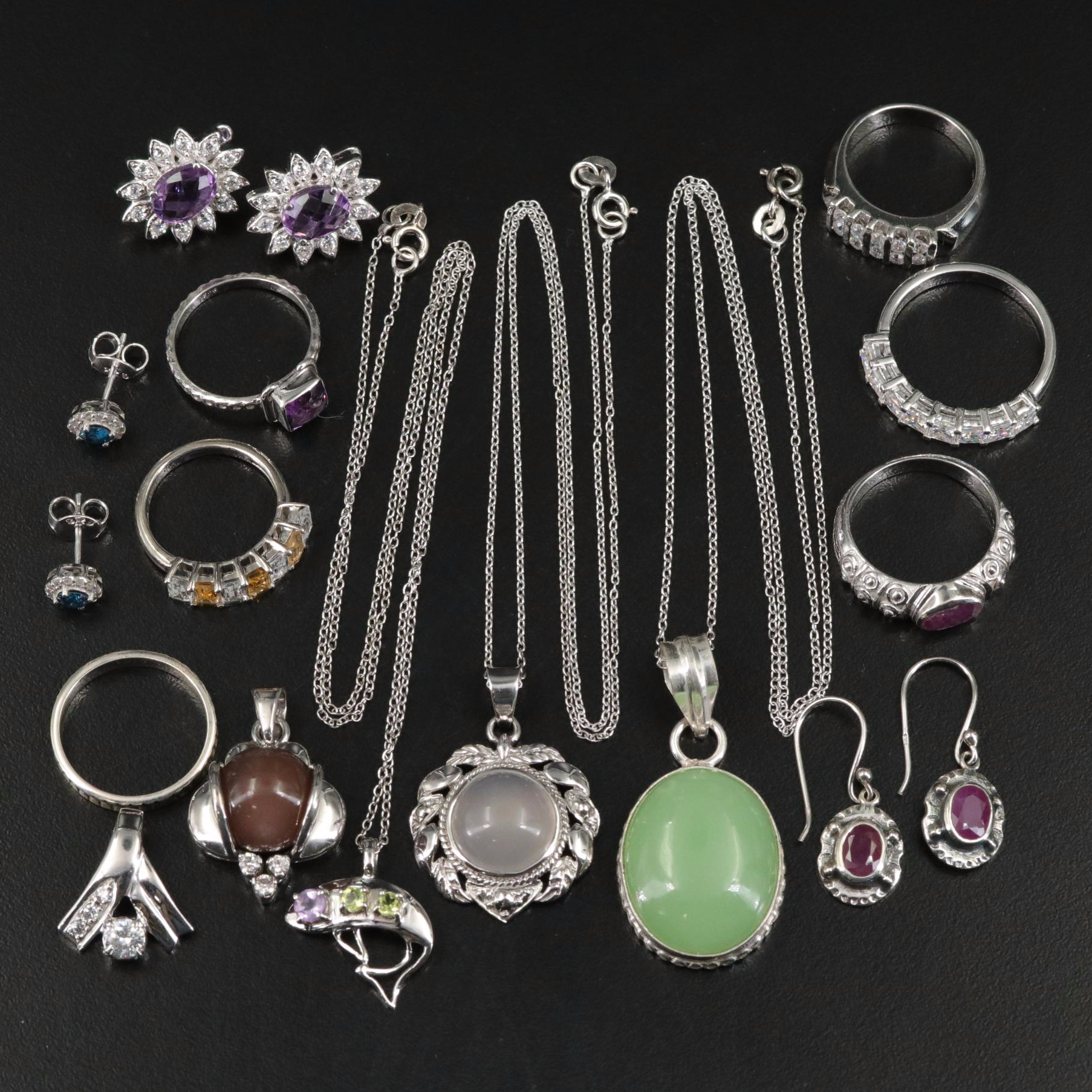 Group of 14 Assorted Sterling Silver Rings, Necklaces, Earrings, and Pendants