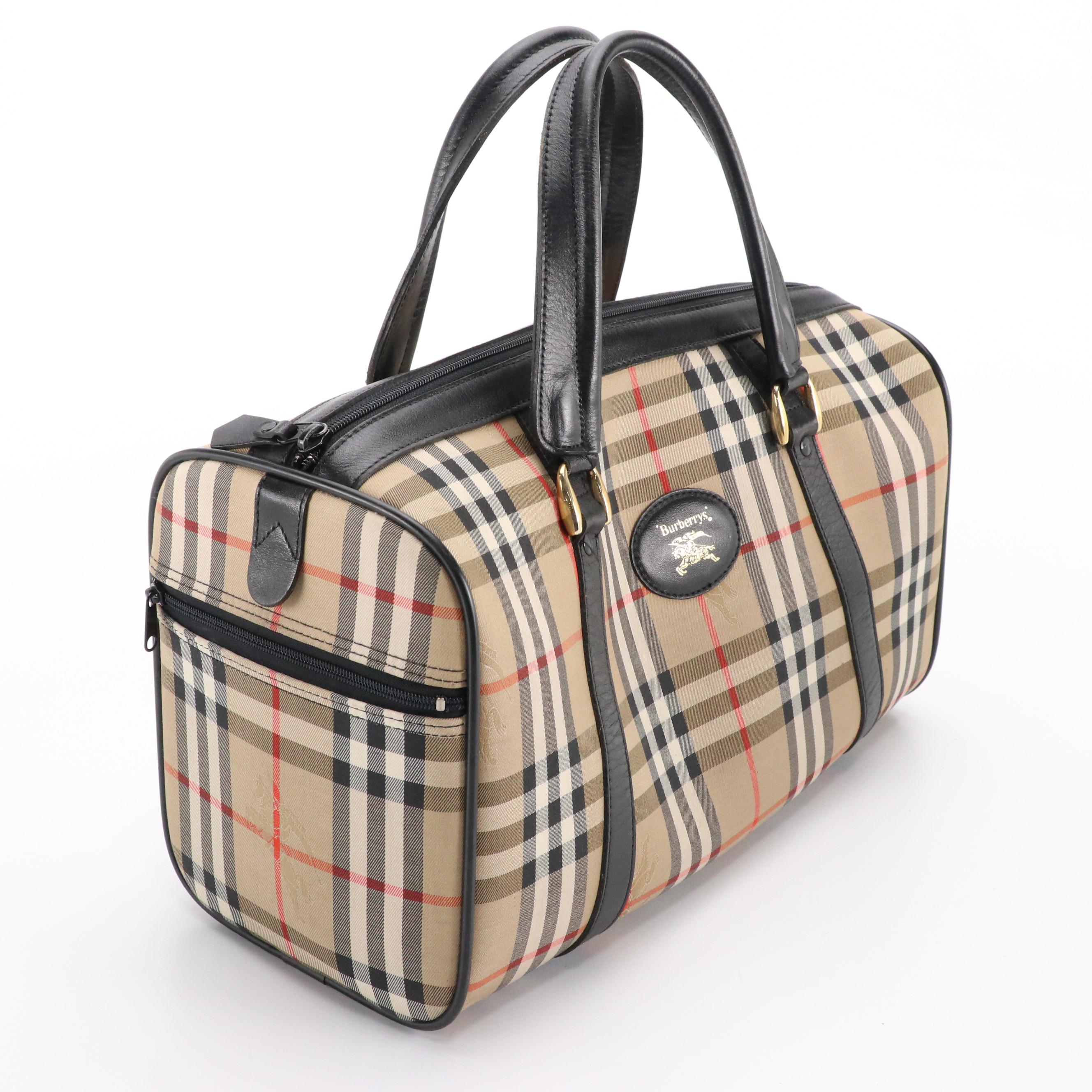 Burberry Boston Travel Bag in Haymarket Check Canvas and Black Leather