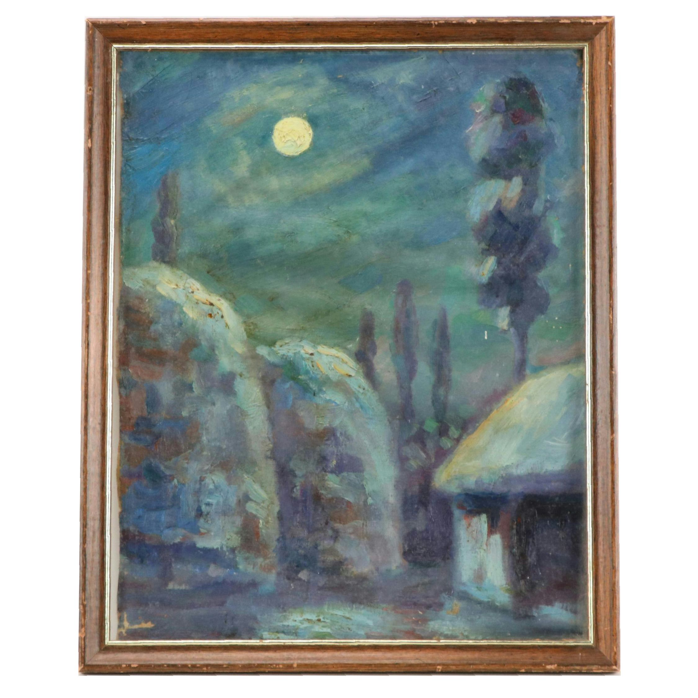 Modernist Oil Painting of Nocturne Townscape, 1981