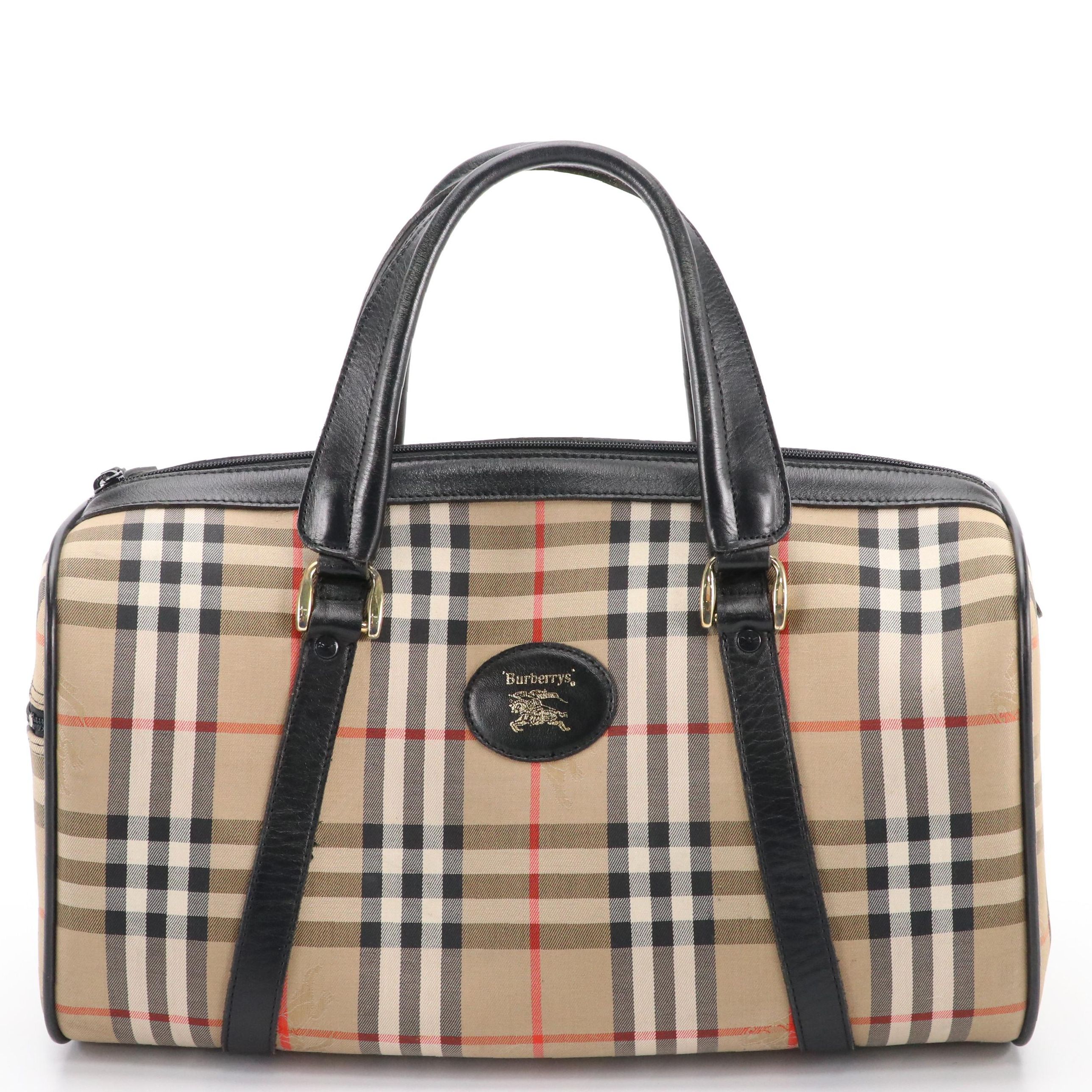 Burberry Boston Travel Bag in Haymarket Check Canvas and Black Leather