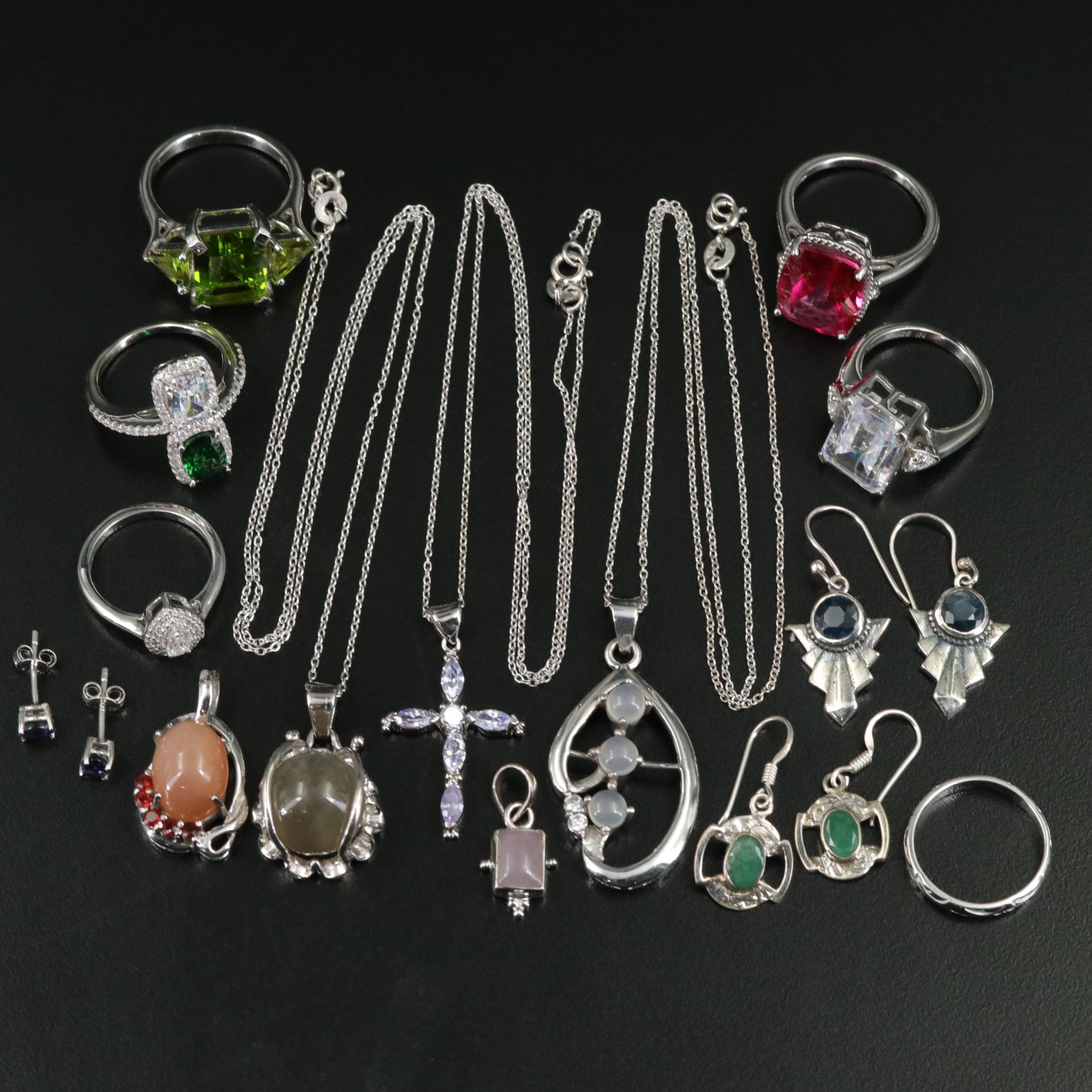Group of 14 Assorted Sterling Silver Rings, Necklaces, Earrings, and Pendants
