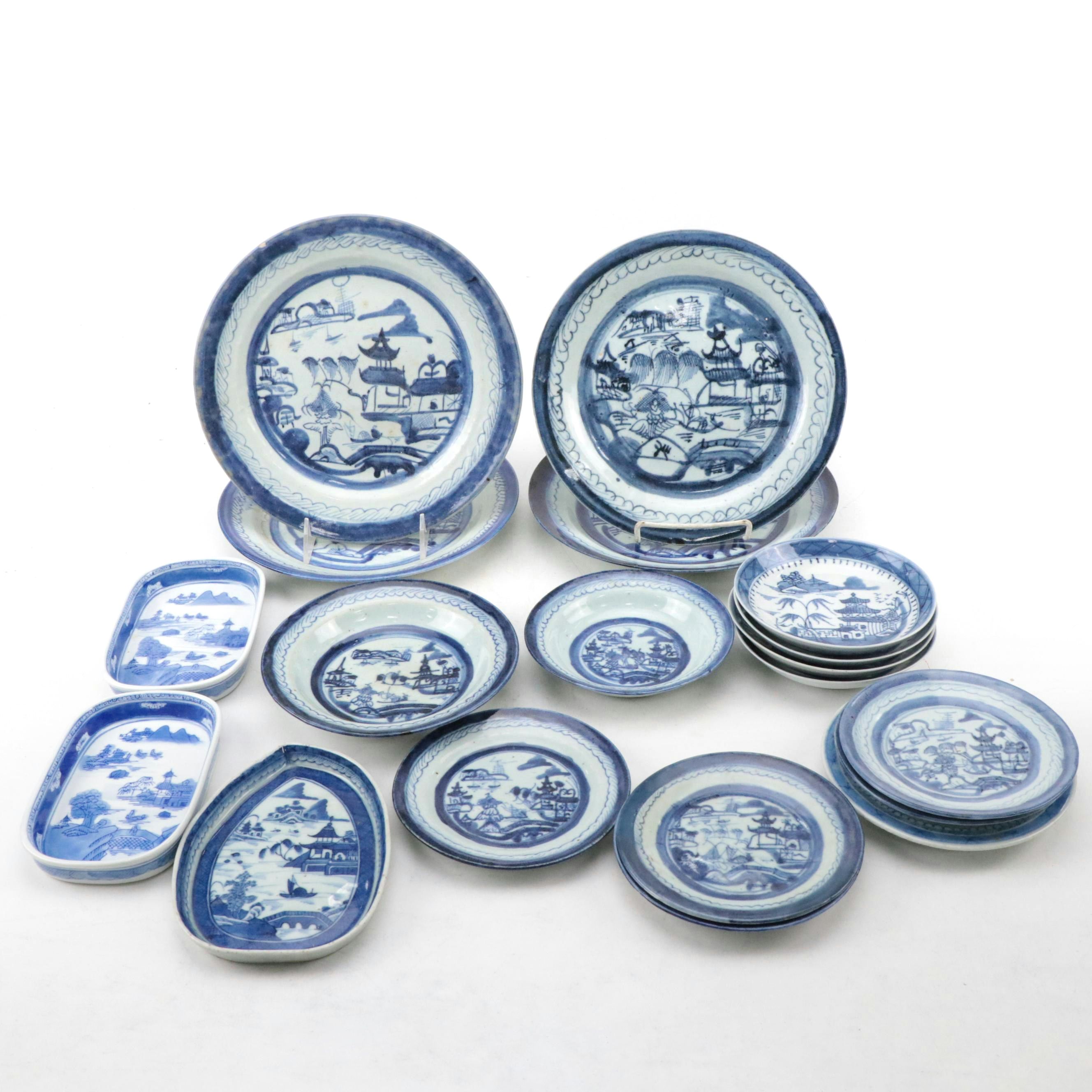 Chinese Export Porcelain Canton Plates, Bowls and Serving Dishes