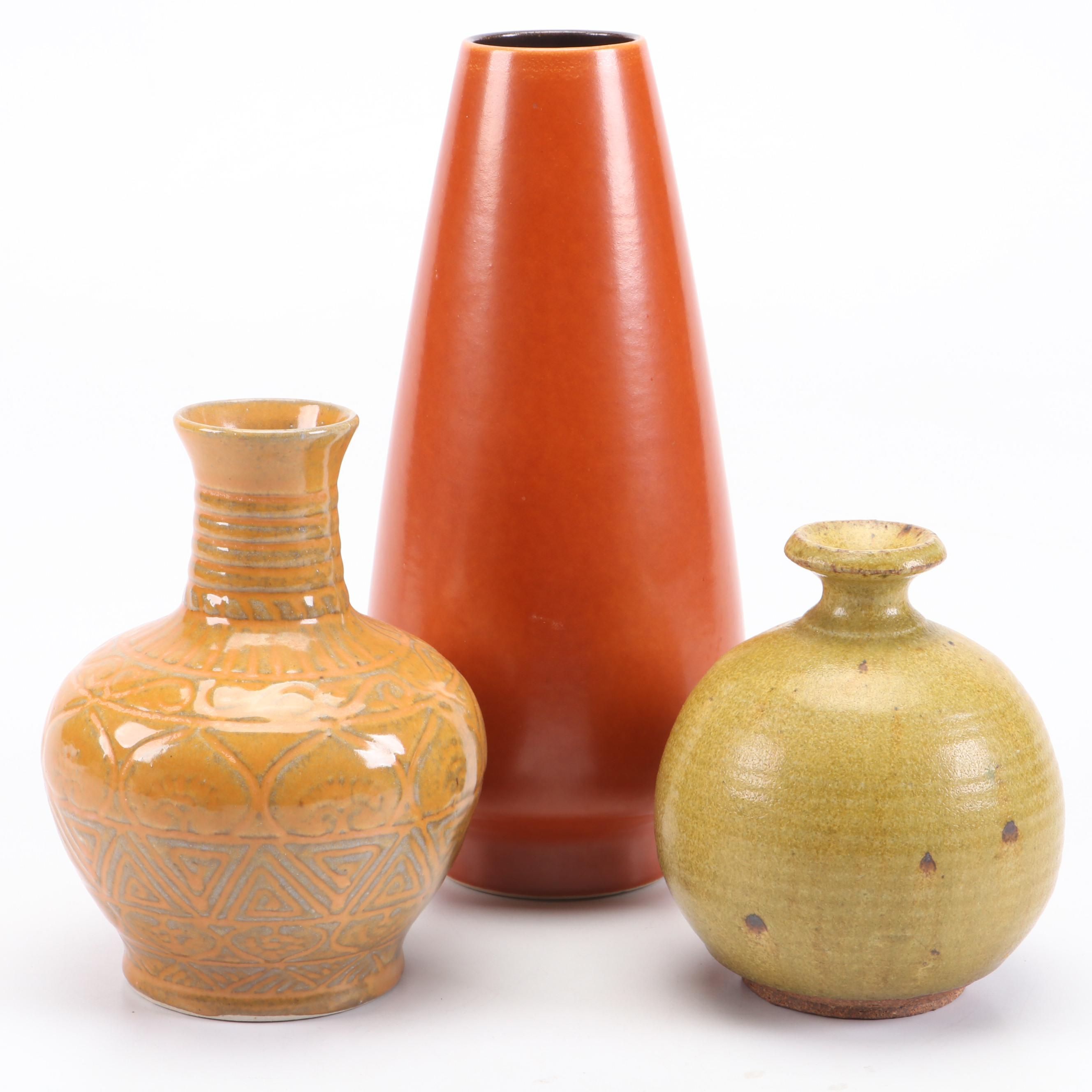 German Orange Ceramic Vase with More Art Pottery Vases