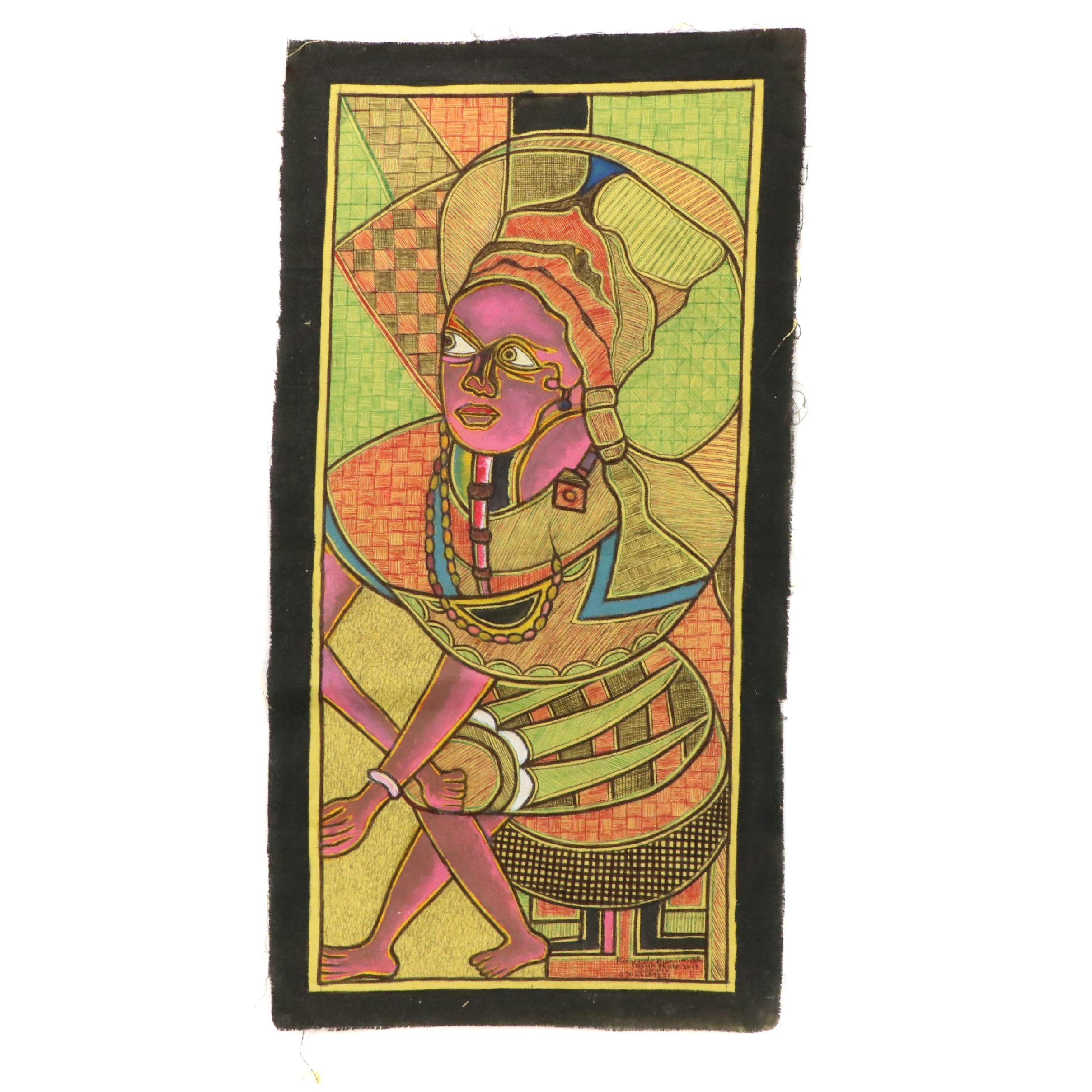 Kayode Buraimoh Stylized Figural Mixed Media Painting, 2017