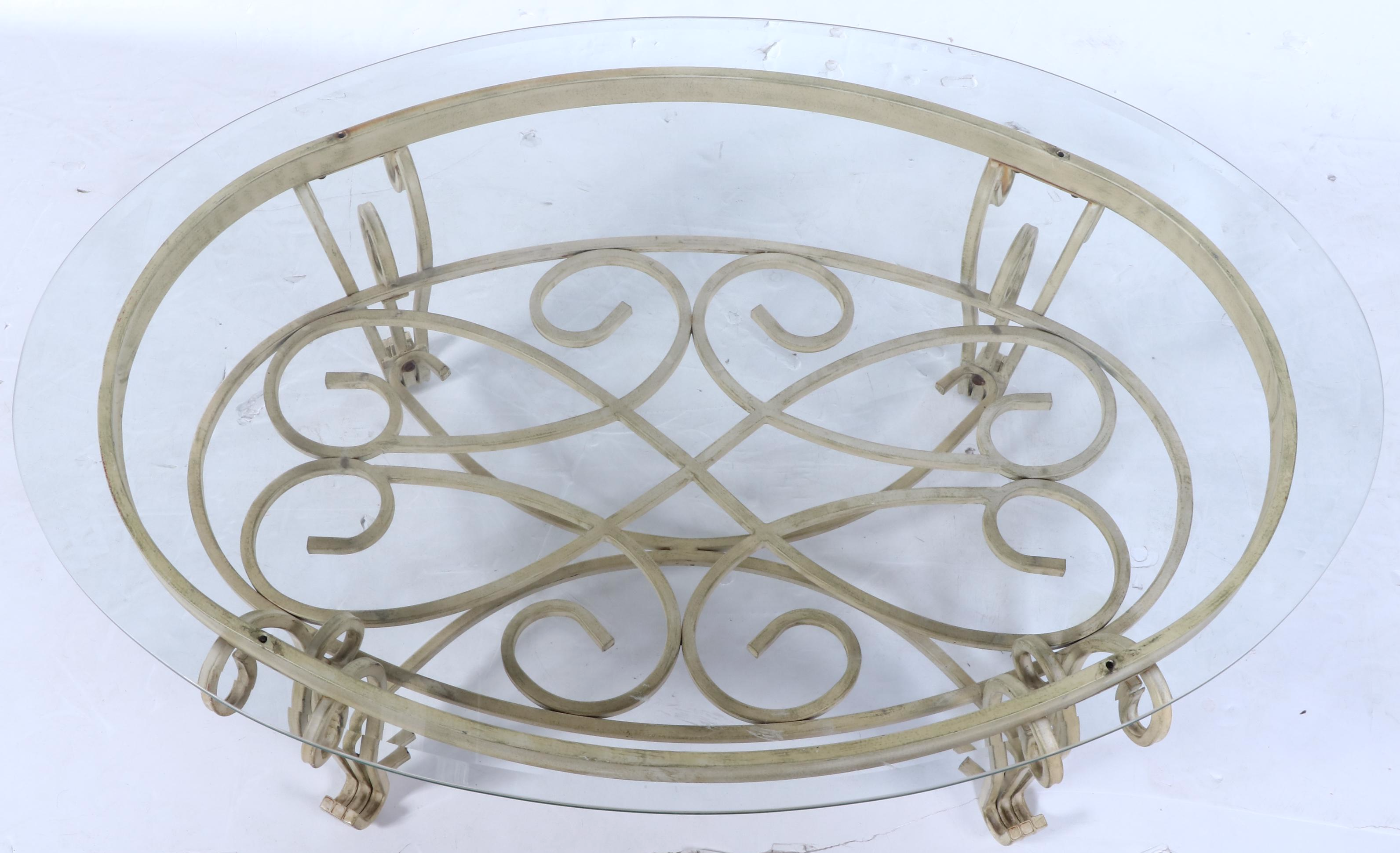 Neoclassical Style Painted and Scrolled Metal Coffee Table with Glass Top