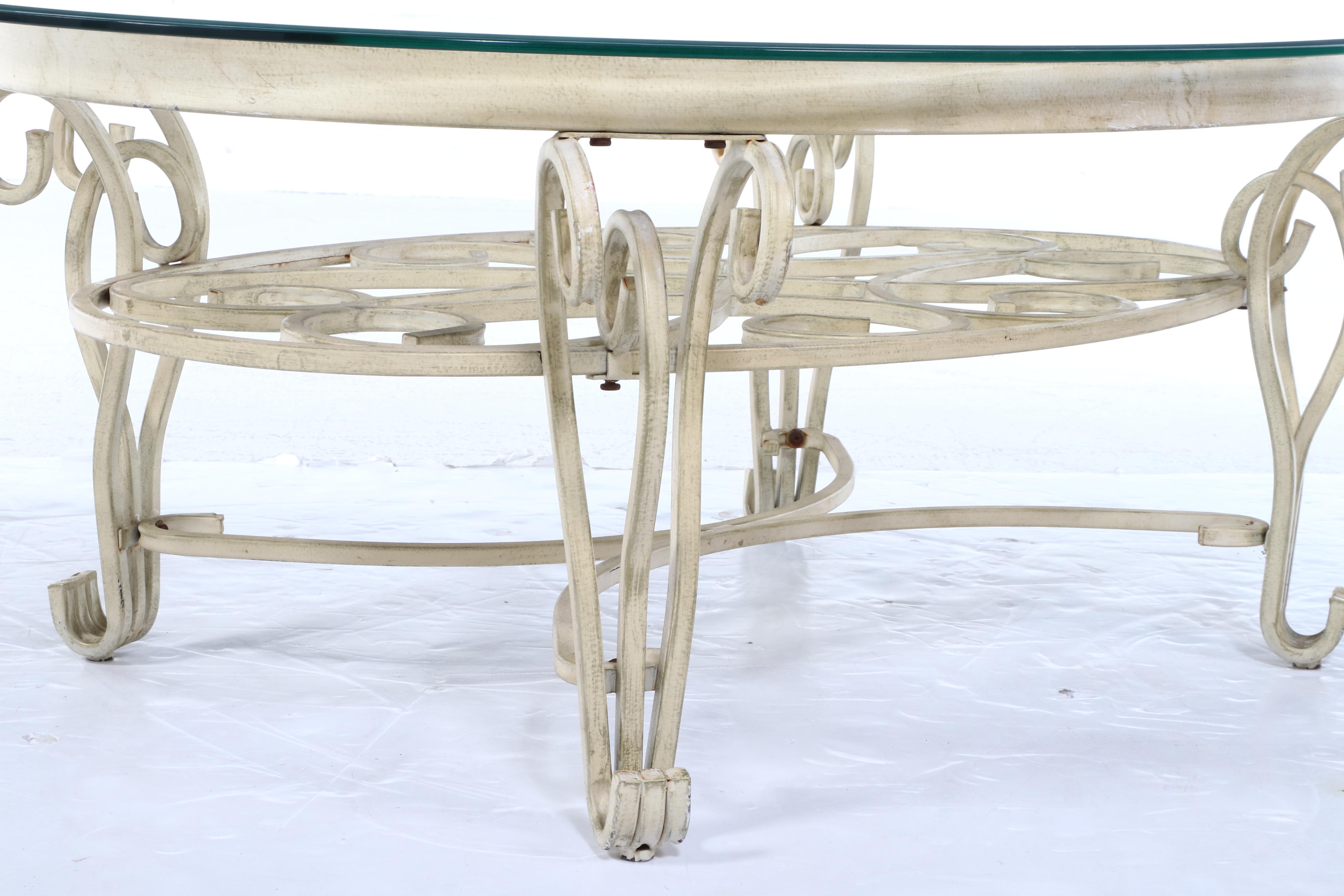 Neoclassical Style Painted and Scrolled Metal Coffee Table with Glass Top