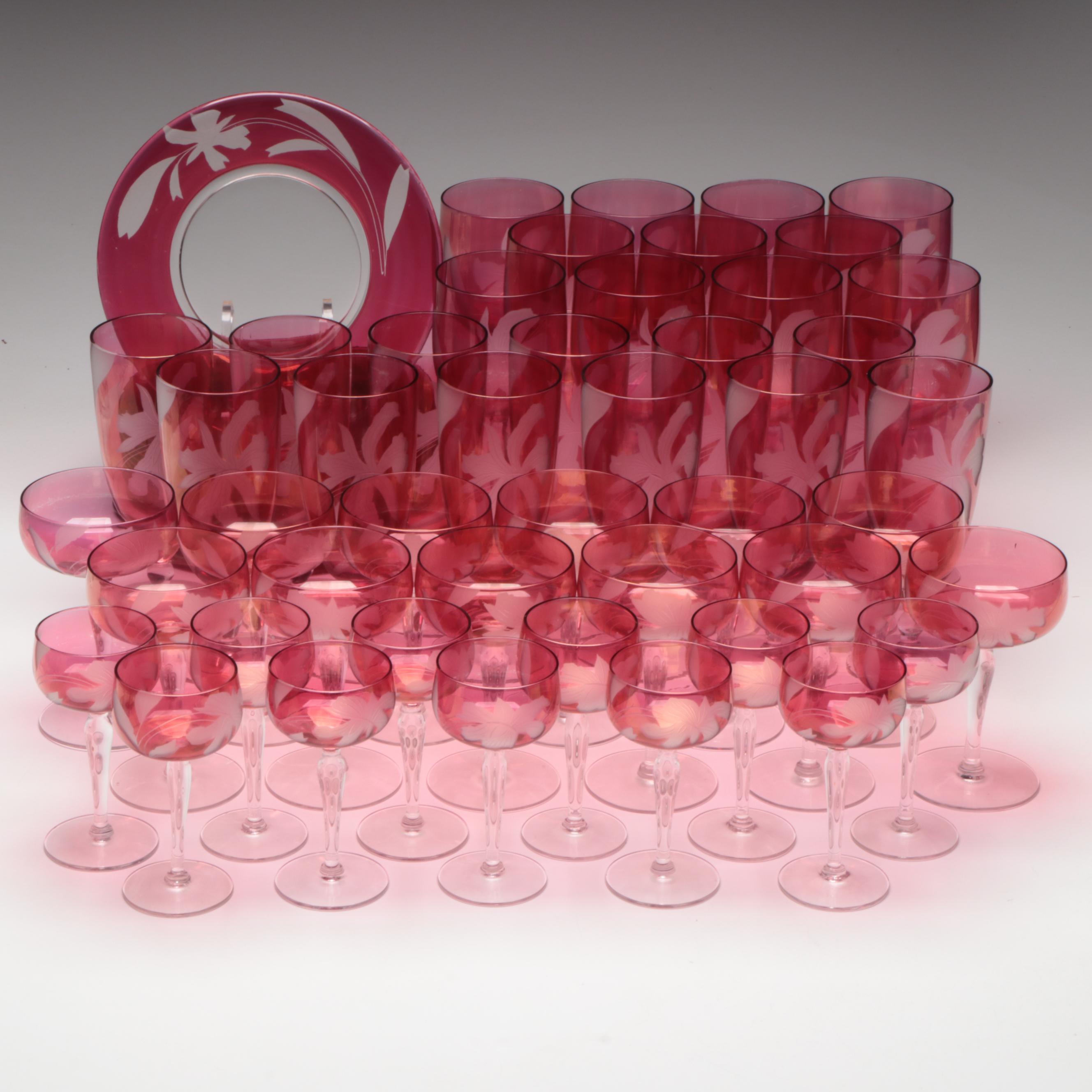 Etched Floral Motif Cranberry Glass Salad Plates, Wine Glasses and More