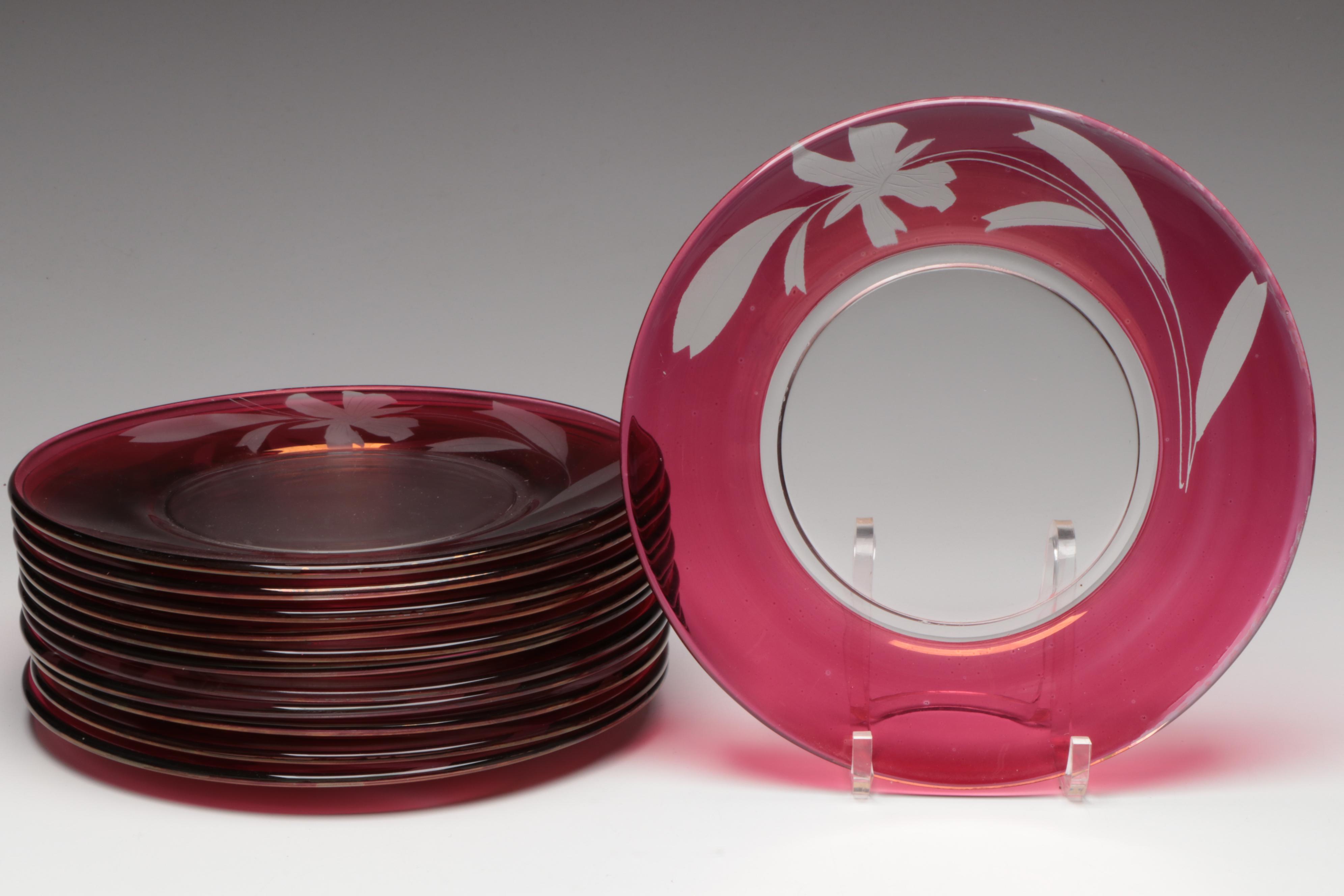 Etched Floral Motif Cranberry Glass Salad Plates, Wine Glasses and More