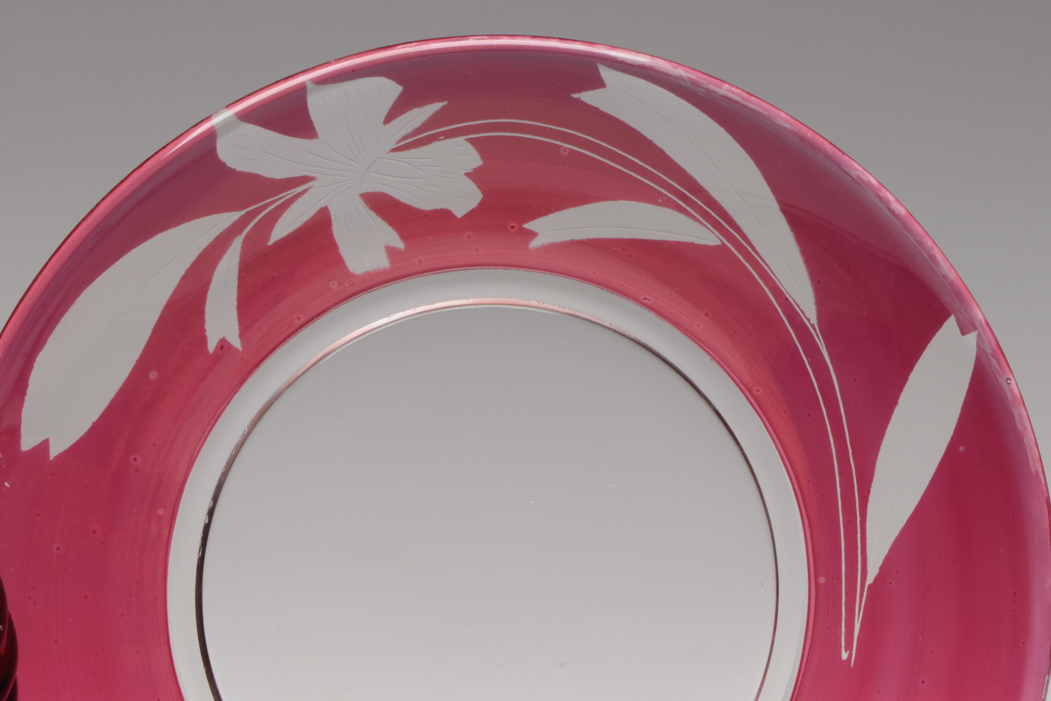 Etched Floral Motif Cranberry Glass Salad Plates, Wine Glasses and More